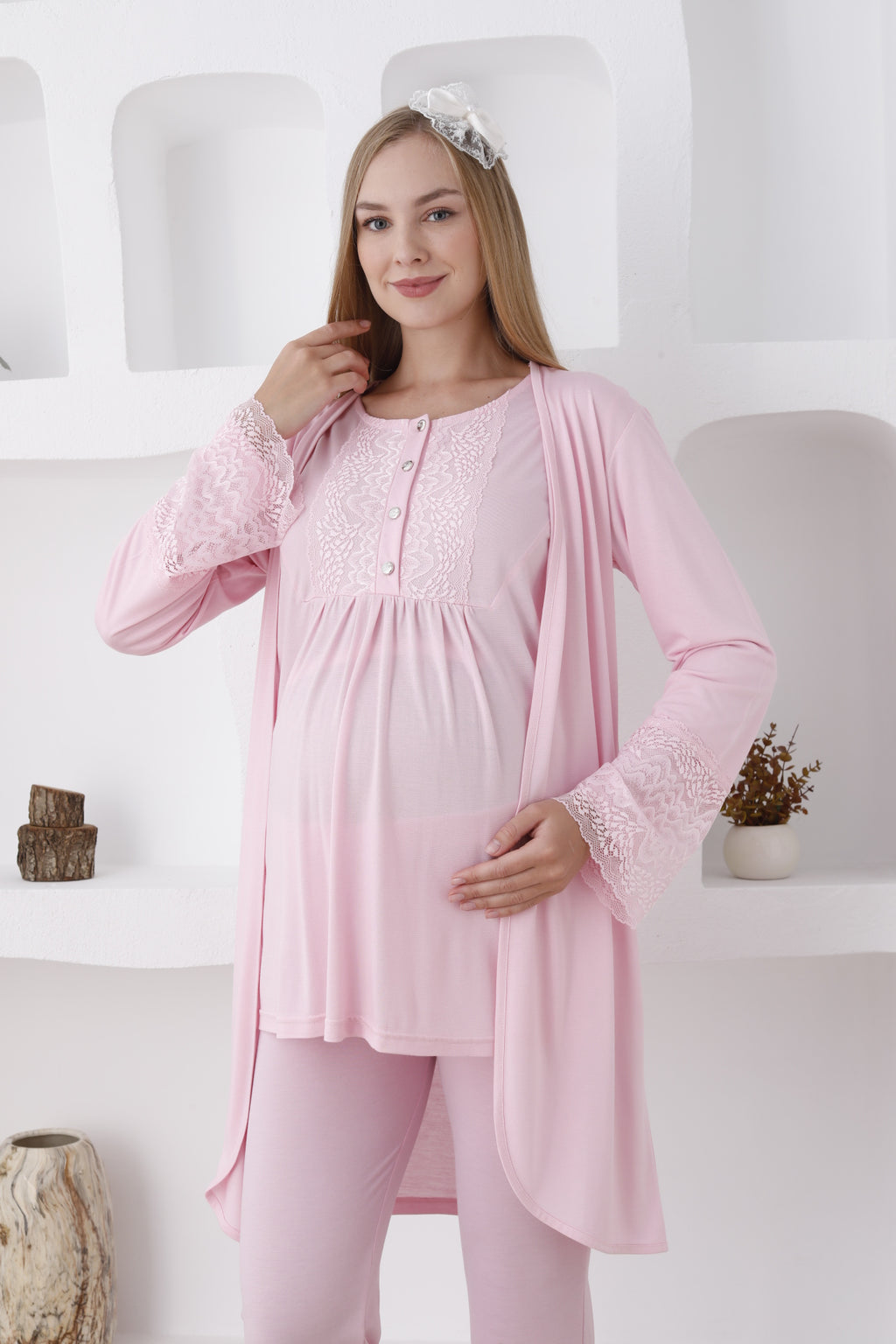 3'lü Hamile Lohusa Pijama Takımı/ Düğmeli Pijama Ve Sabahlıklı Takım - 3427