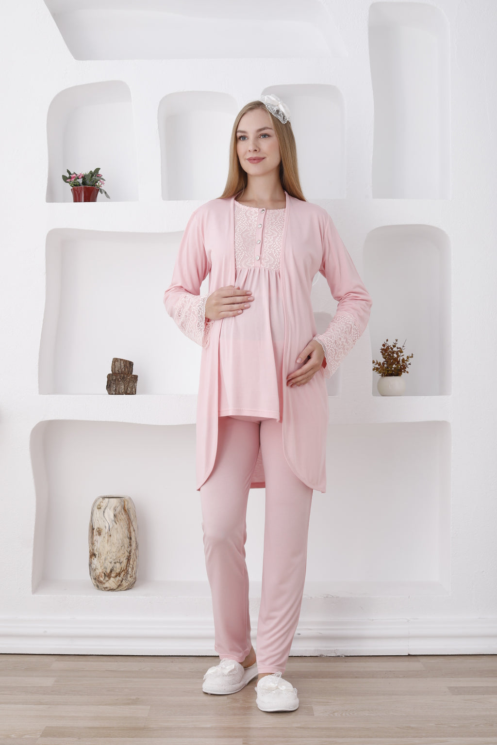 3'lü Hamile Lohusa Pijama Takımı/ Düğmeli Pijama Ve Sabahlıklı Takım - 3427