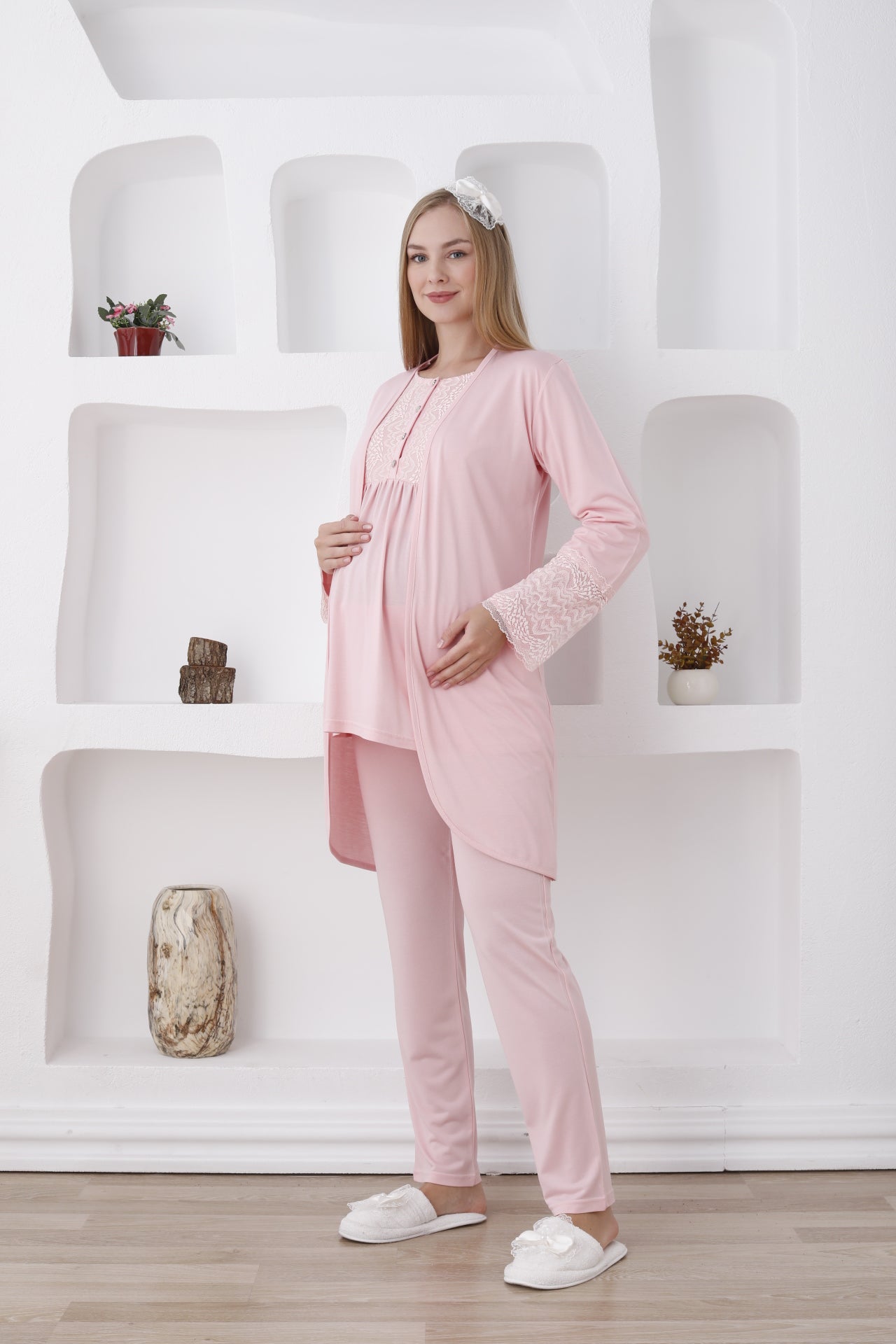 Hamile lohusa pijama ve sabahlık takımı önden düğmeli 3'lü 14