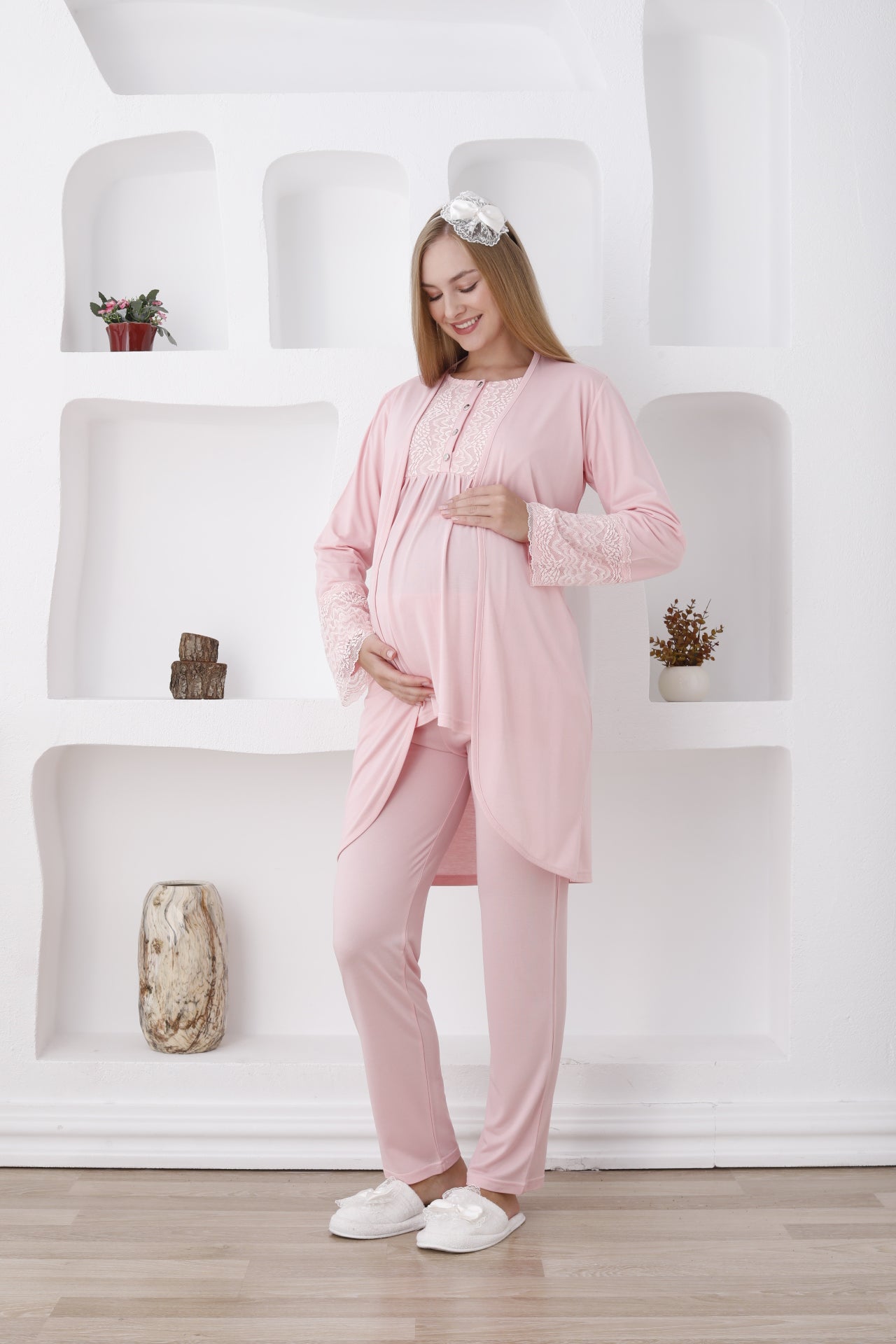 3'lü Hamile Lohusa Pijama Takımı/ Düğmeli Pijama Ve Sabahlıklı Takım - 3427