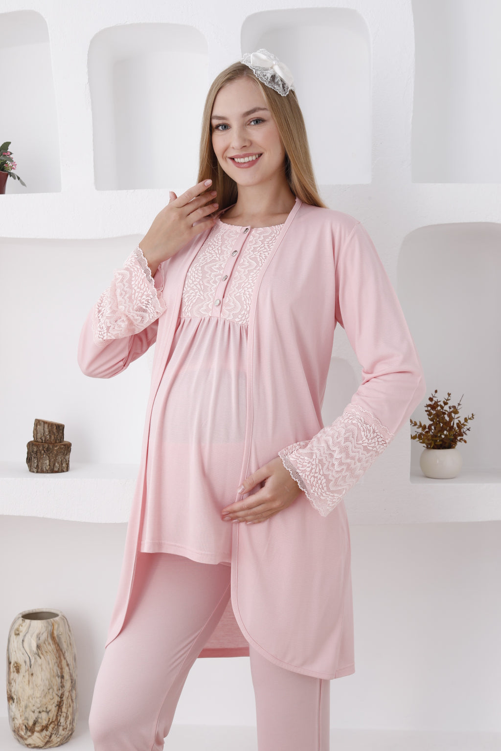 3'lü Hamile Lohusa Pijama Takımı/ Düğmeli Pijama Ve Sabahlıklı Takım - 3427