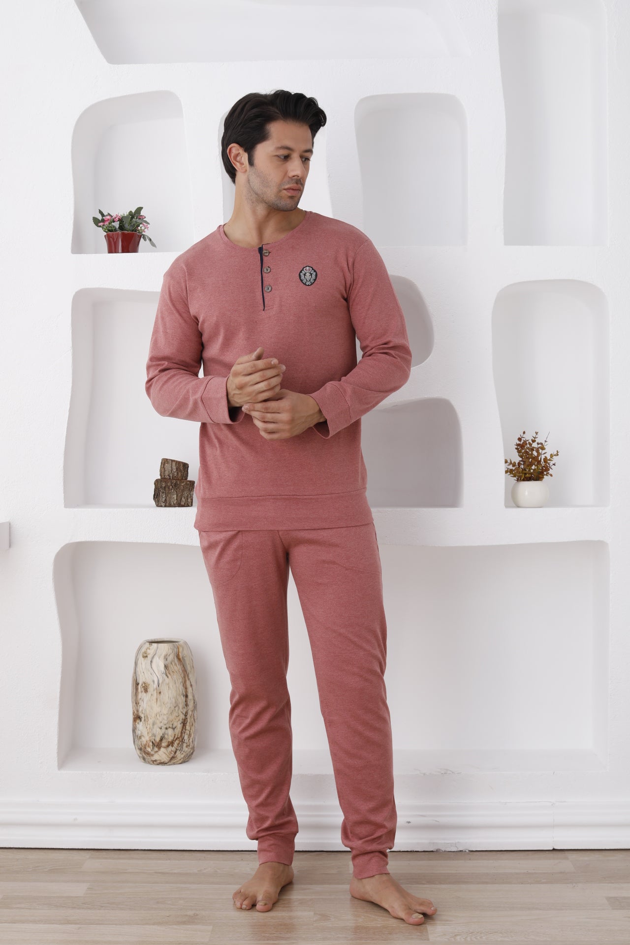 İnterlok Pamuklu 3 İplik Erkek Pijama Takımı - Düğmeli Nakışlı - 0300 3
