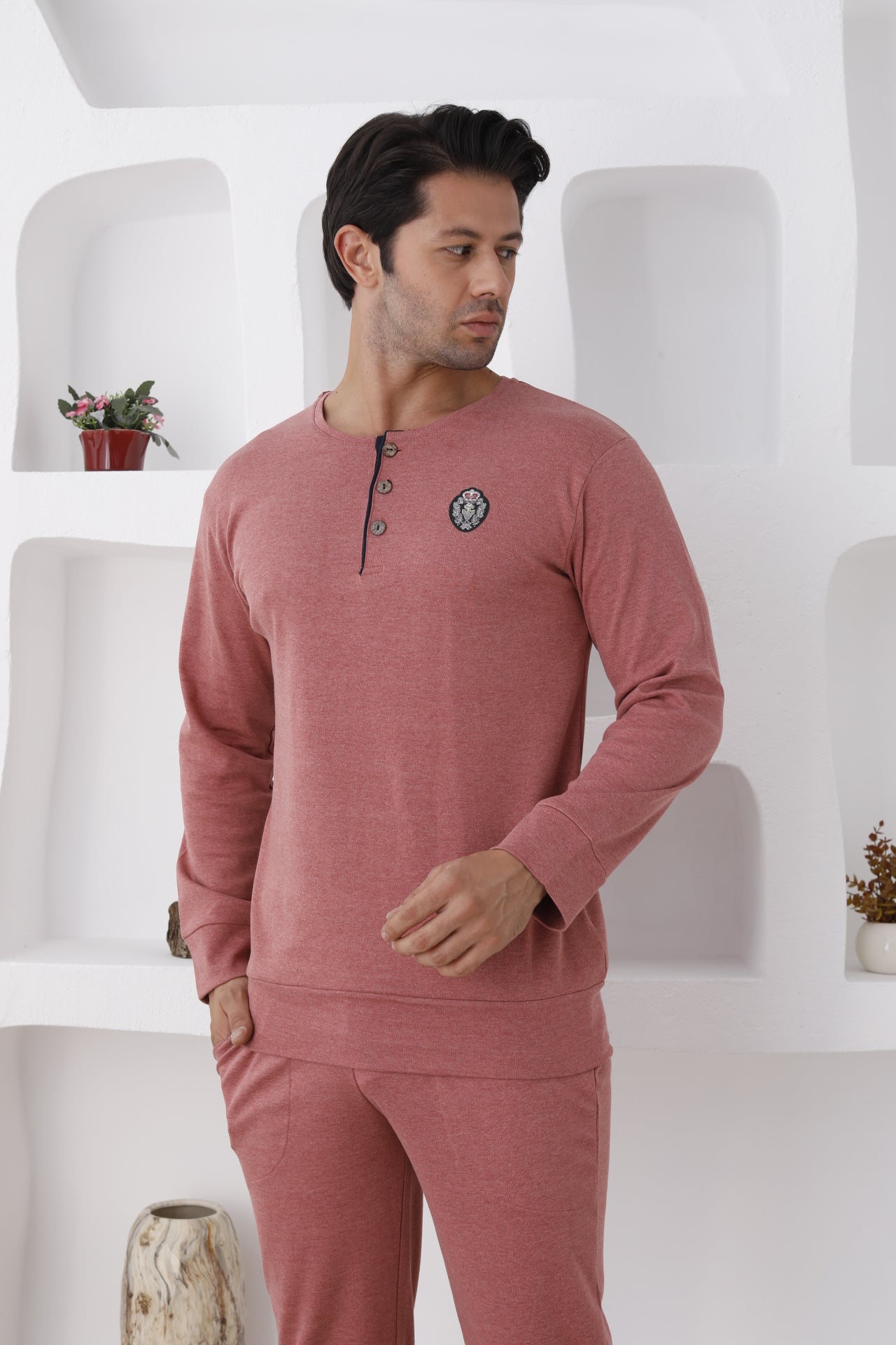 İnterlok Pamuklu 3 İplik Erkek Pijama Takımı - Düğmeli Nakışlı - 0300 4