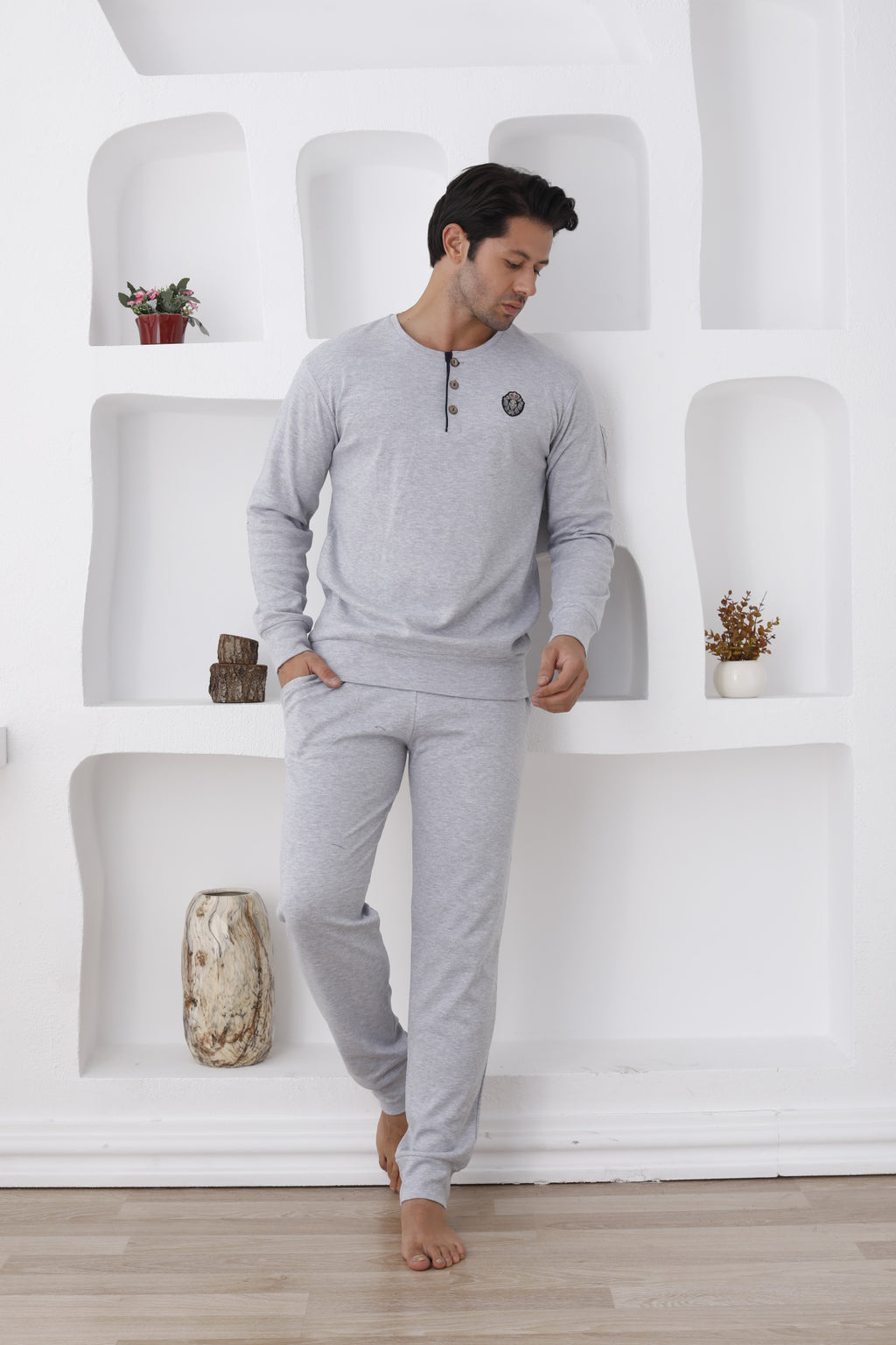 İnterlok Pamuklu 3 İplik Erkek Pijama Takımı - Düğmeli Nakışlı - 0300