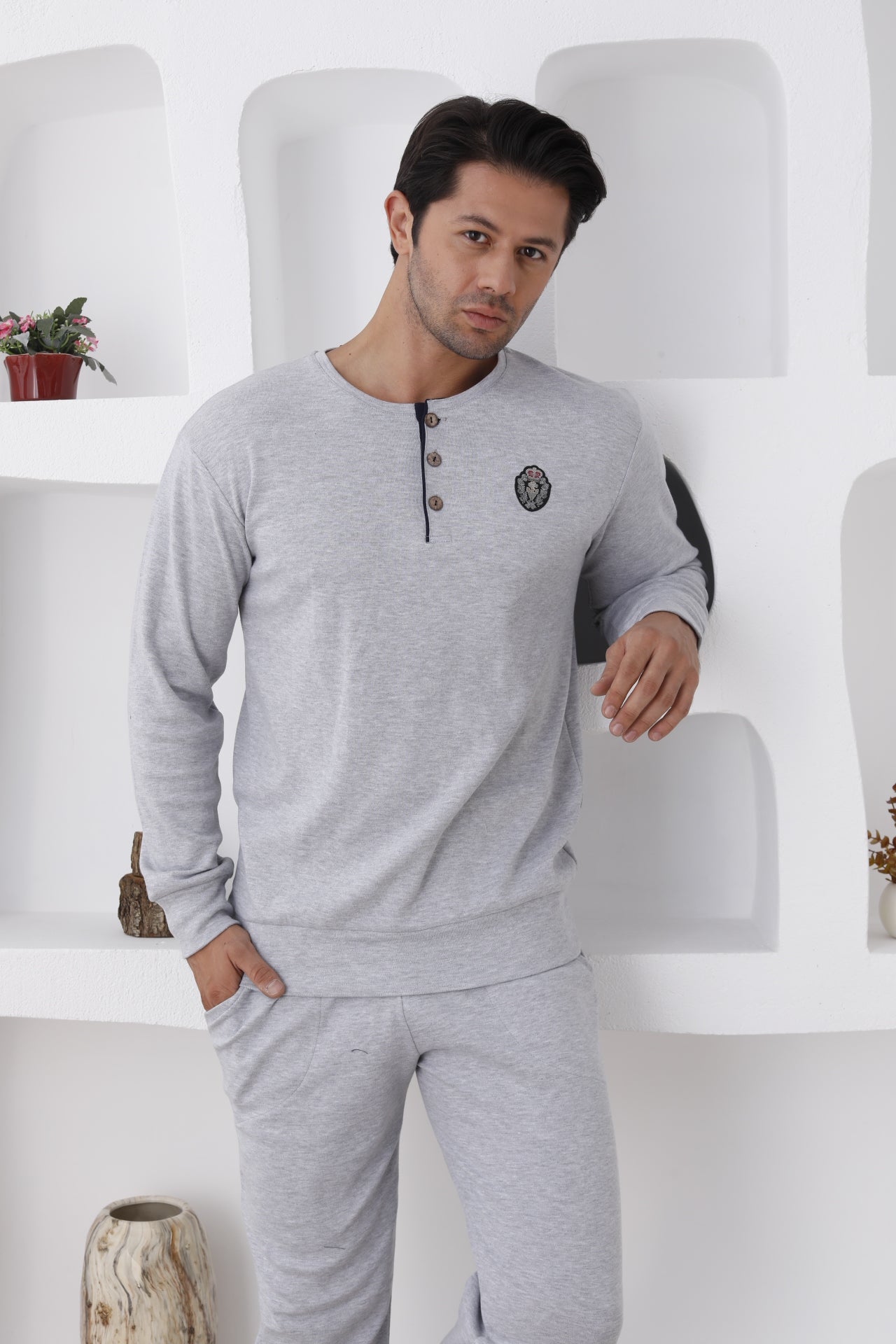 İnterlok Pamuklu 3 İplik Erkek Pijama Takımı - Düğmeli Nakışlı - 0300 6
