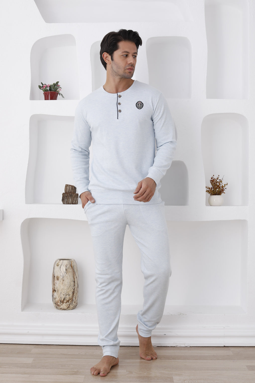 İnterlok Pamuklu 3 İplik Erkek Pijama Takımı - Düğmeli Nakışlı - 0300