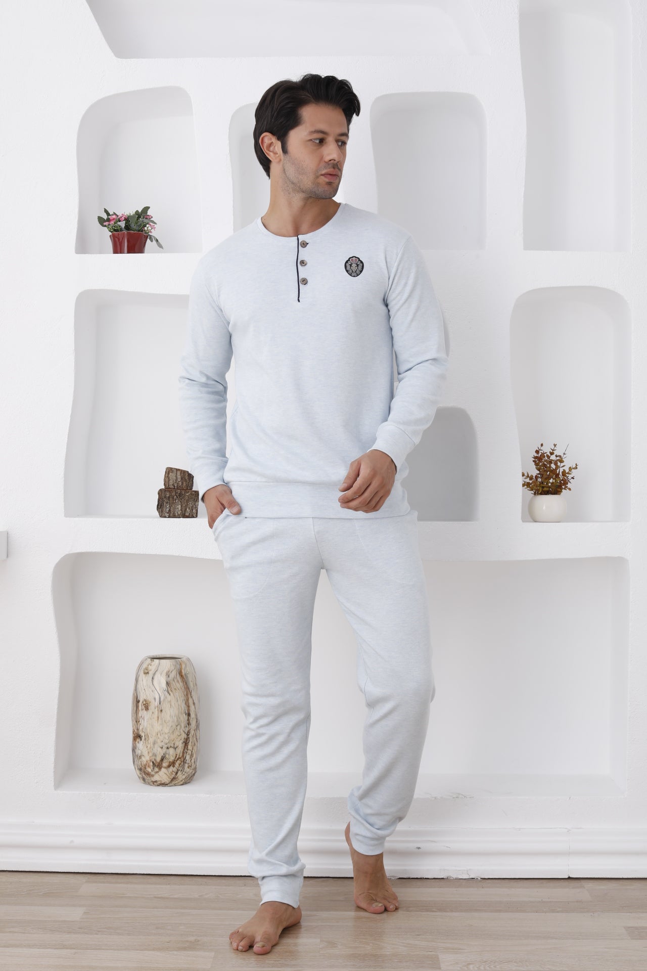 İnterlok Pamuklu 3 İplik Erkek Pijama Takımı - Düğmeli Nakışlı - 0300 7