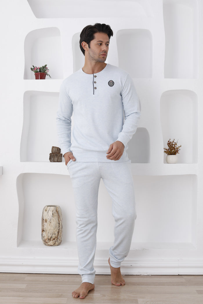 İnterlok Pamuklu 3 İplik Erkek Pijama Takımı - Düğmeli Nakışlı - 0300