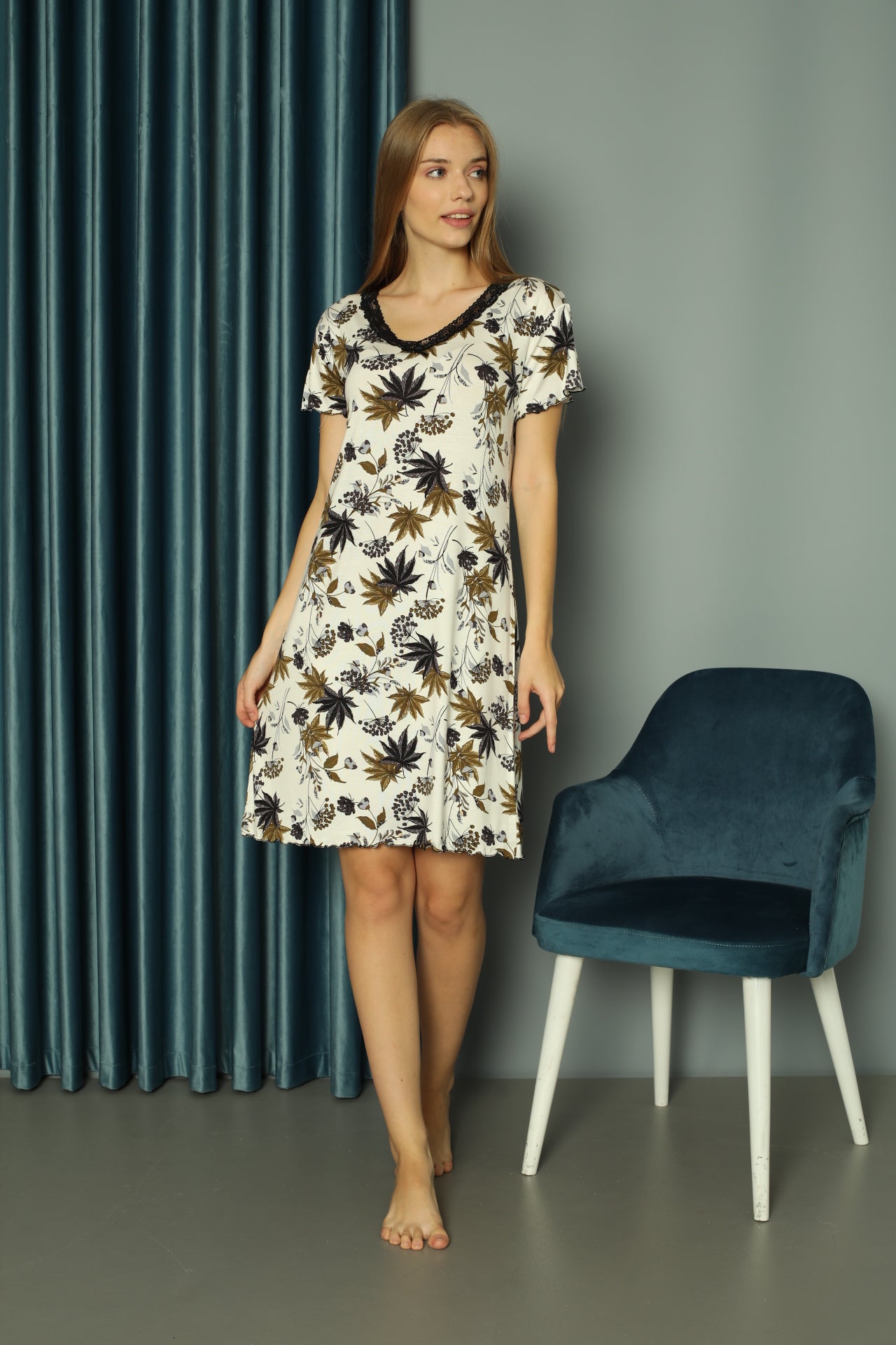 Dantel Detaylı Pamuklu ve Desenli Kadın Gecelik / Geniş Beden Yelpazesi - 1033