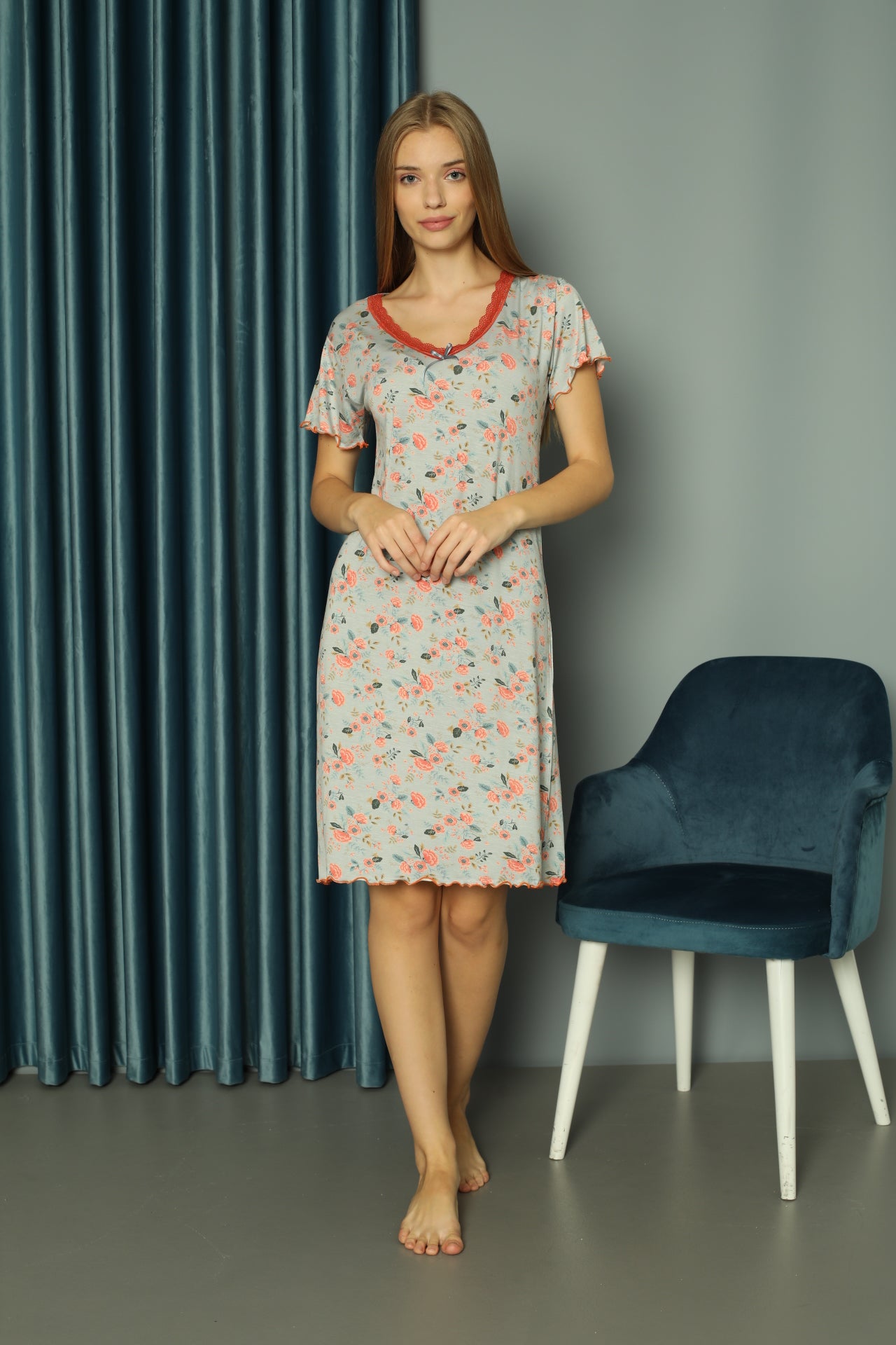 Dantel Detaylı Pamuklu ve Desenli Kadın Gecelik / Geniş Beden Yelpazesi - 1033