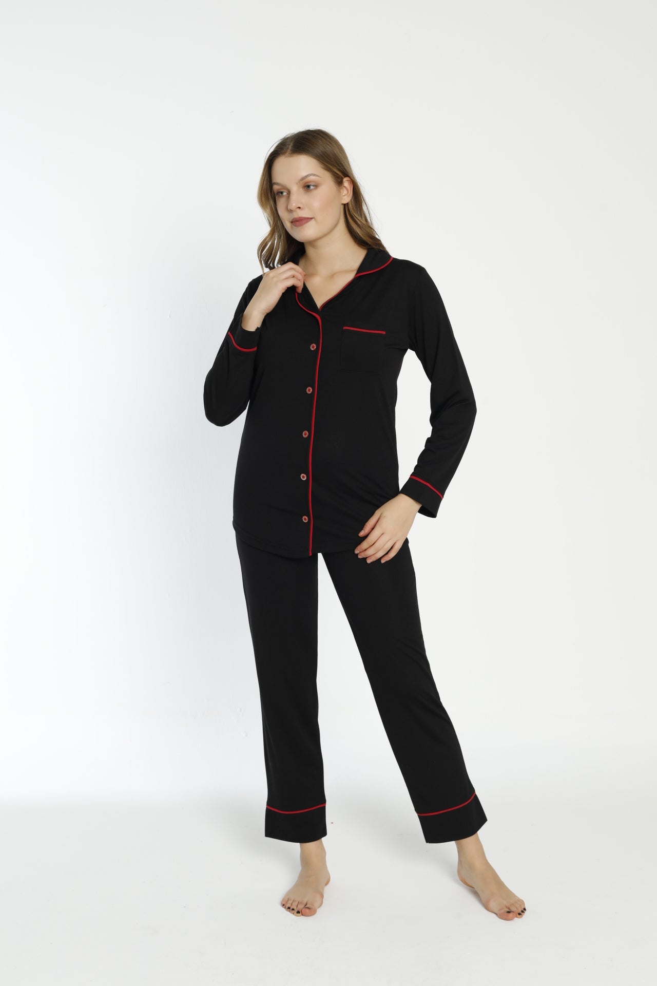 Uzun Kollu Kadın Pijama Takımı - Düğmeli ve Saten Detaylı - 0219