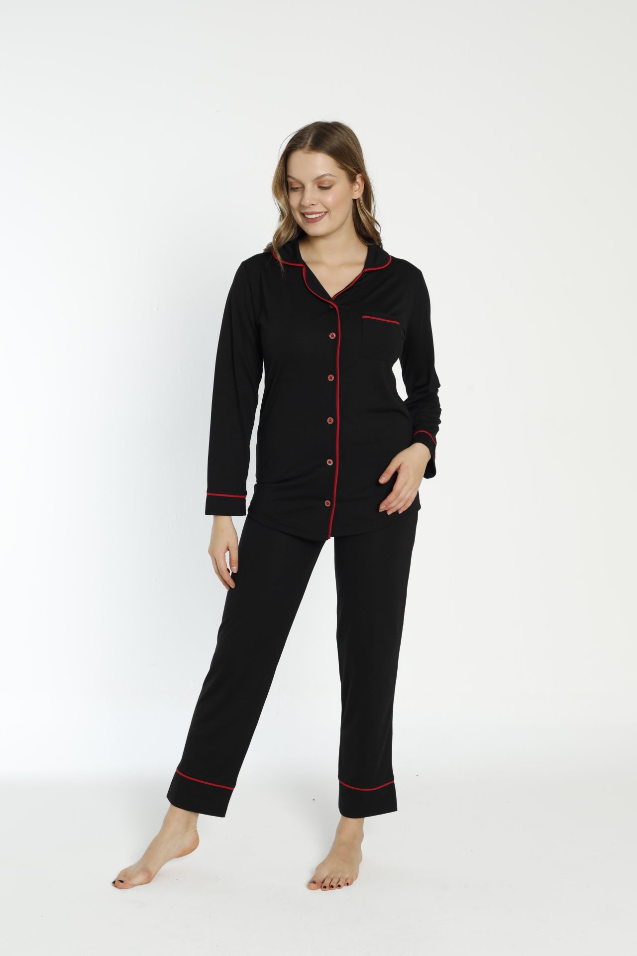 Uzun Kollu Kadın Pijama Takımı - Düğmeli ve Saten Detaylı - 0219