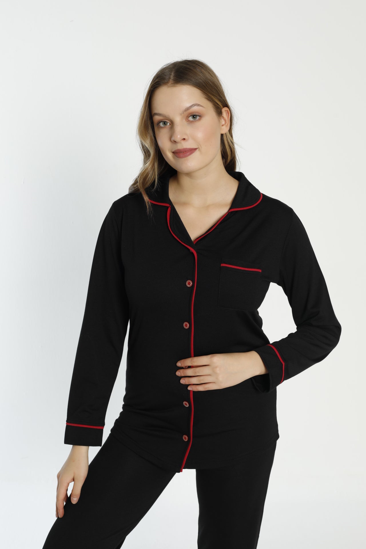 Uzun Kollu Kadın Pijama Takımı - Düğmeli ve Saten Detaylı - 0219