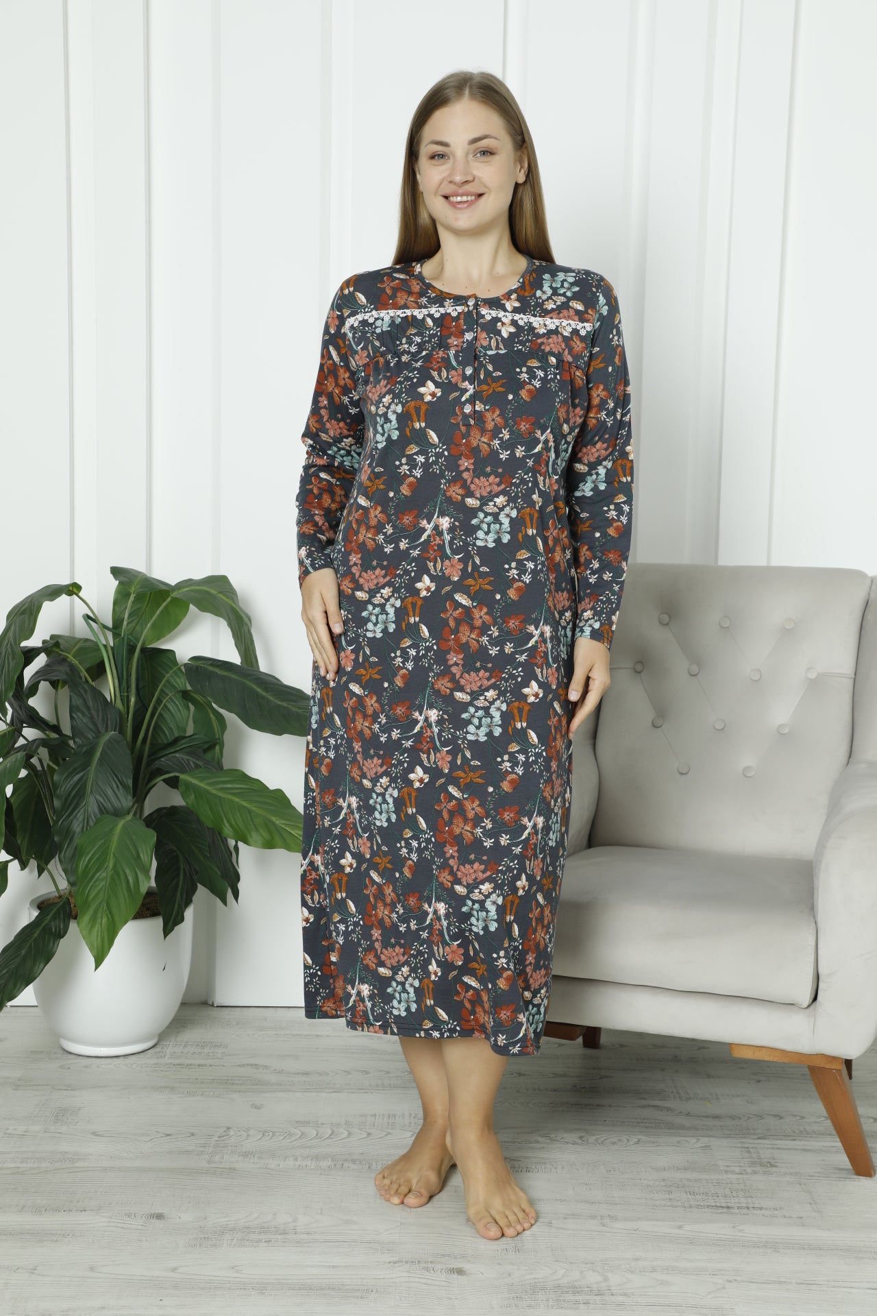 Uzun Kollu Kadın Geceliği Çiçek Desenli / Pamuklu Anne Geceliği