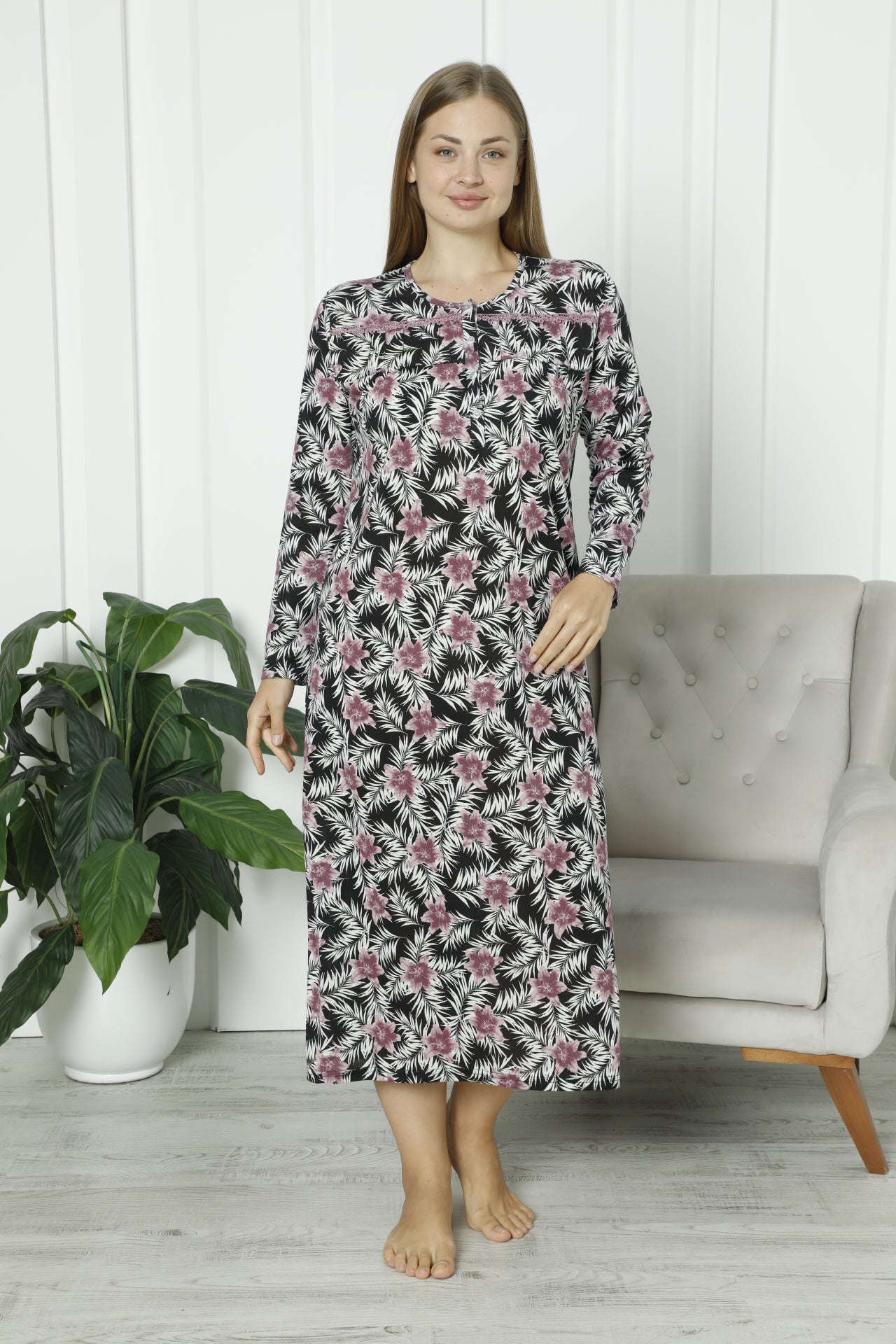 Uzun Kollu Kadın Geceliği Çiçek Desenli / Pamuklu Anne Geceliği