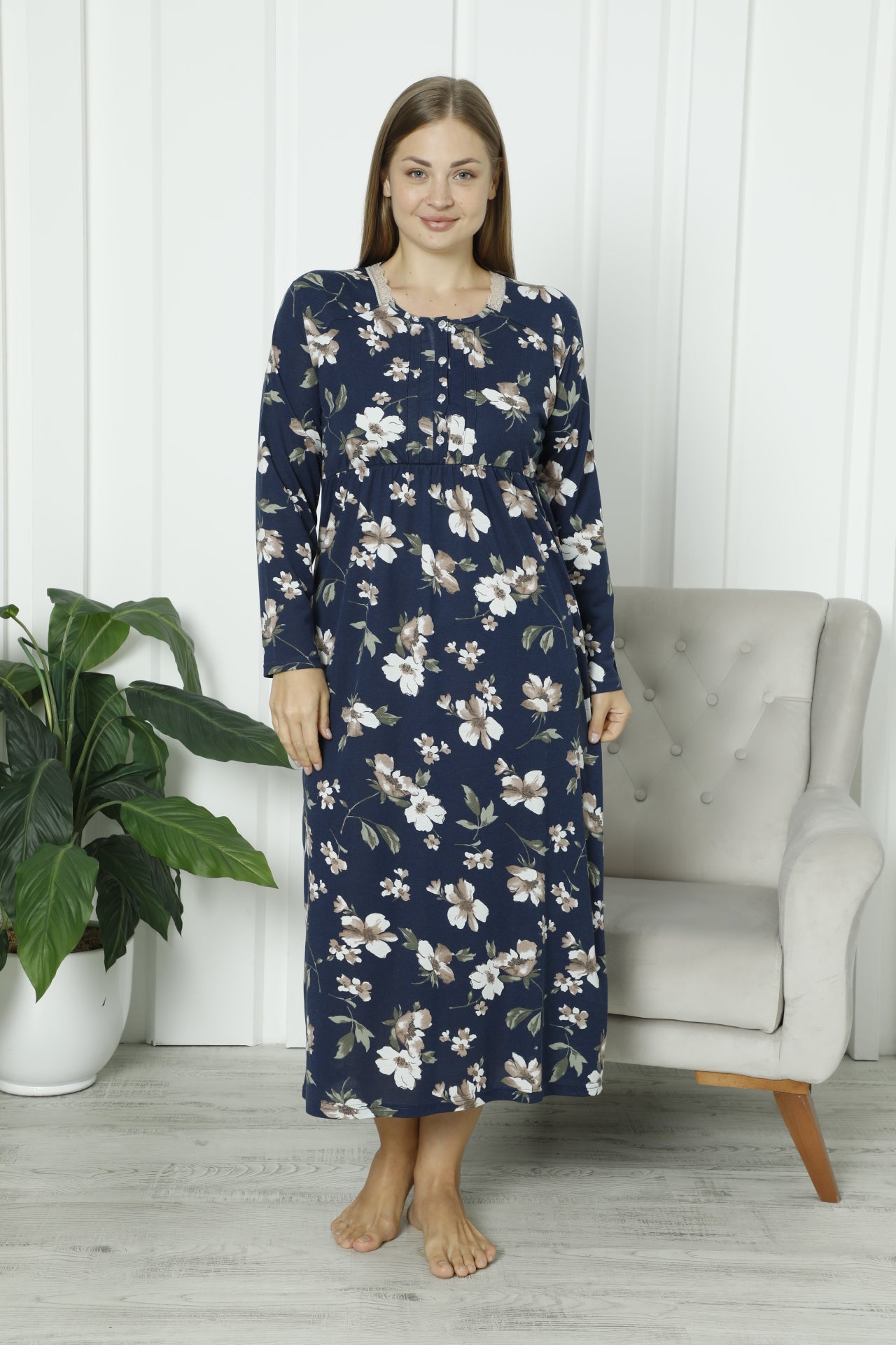 Pamuklu Uzun Kollu Çiçek Desenli Anne Geceliği / Anne Geceliği – Pamuklu ve Uzun Kollu