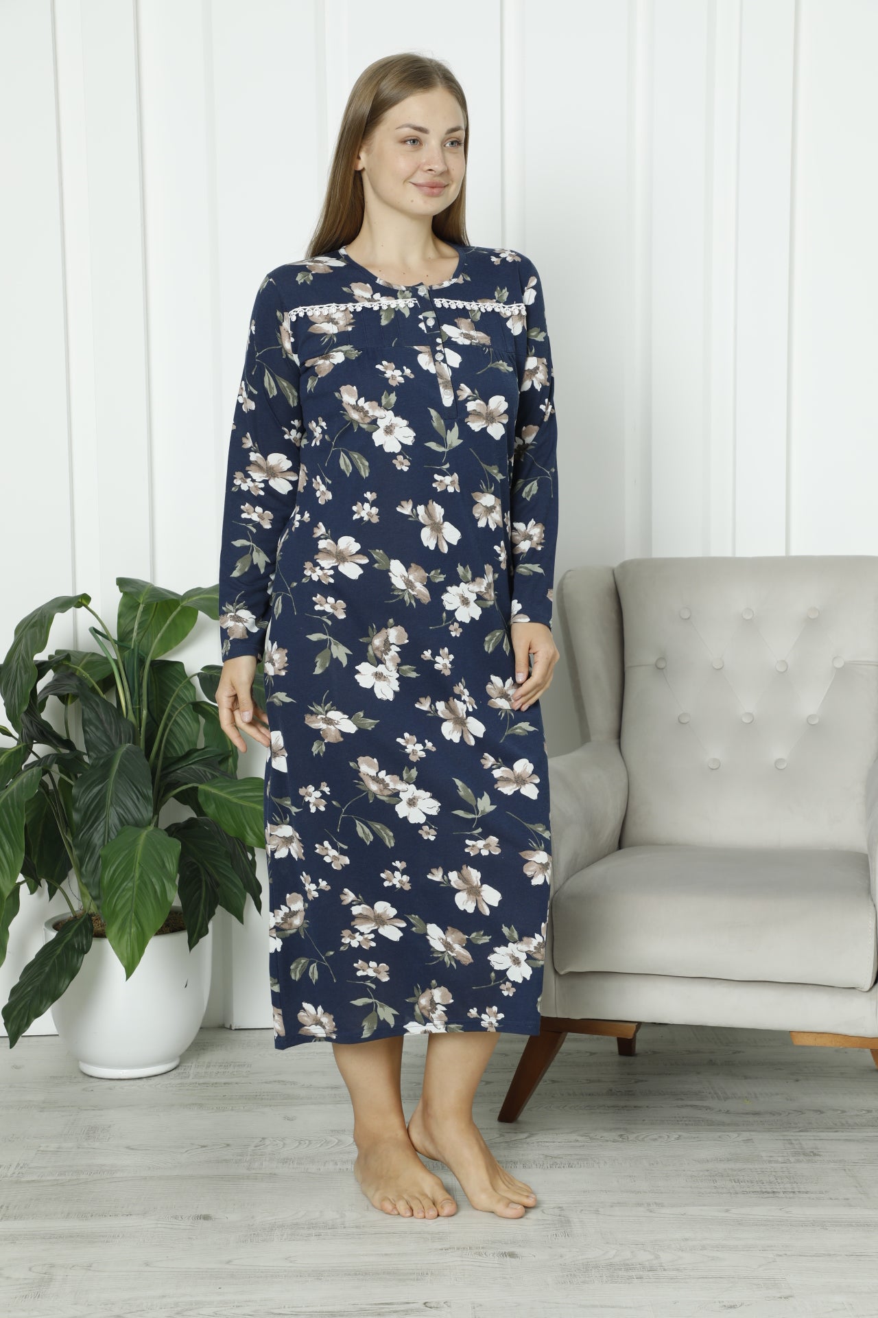 Uzun Kollu Kadın Geceliği Çiçek Desenli / Pamuklu Anne Geceliği
