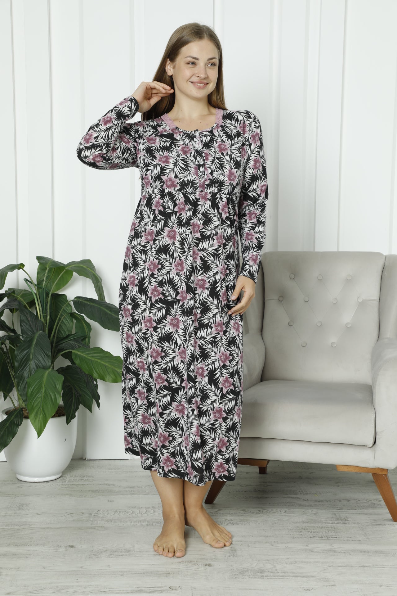 Pamuklu Uzun Kollu Çiçek Desenli Anne Geceliği / Anne Geceliği – Pamuklu ve Uzun Kollu