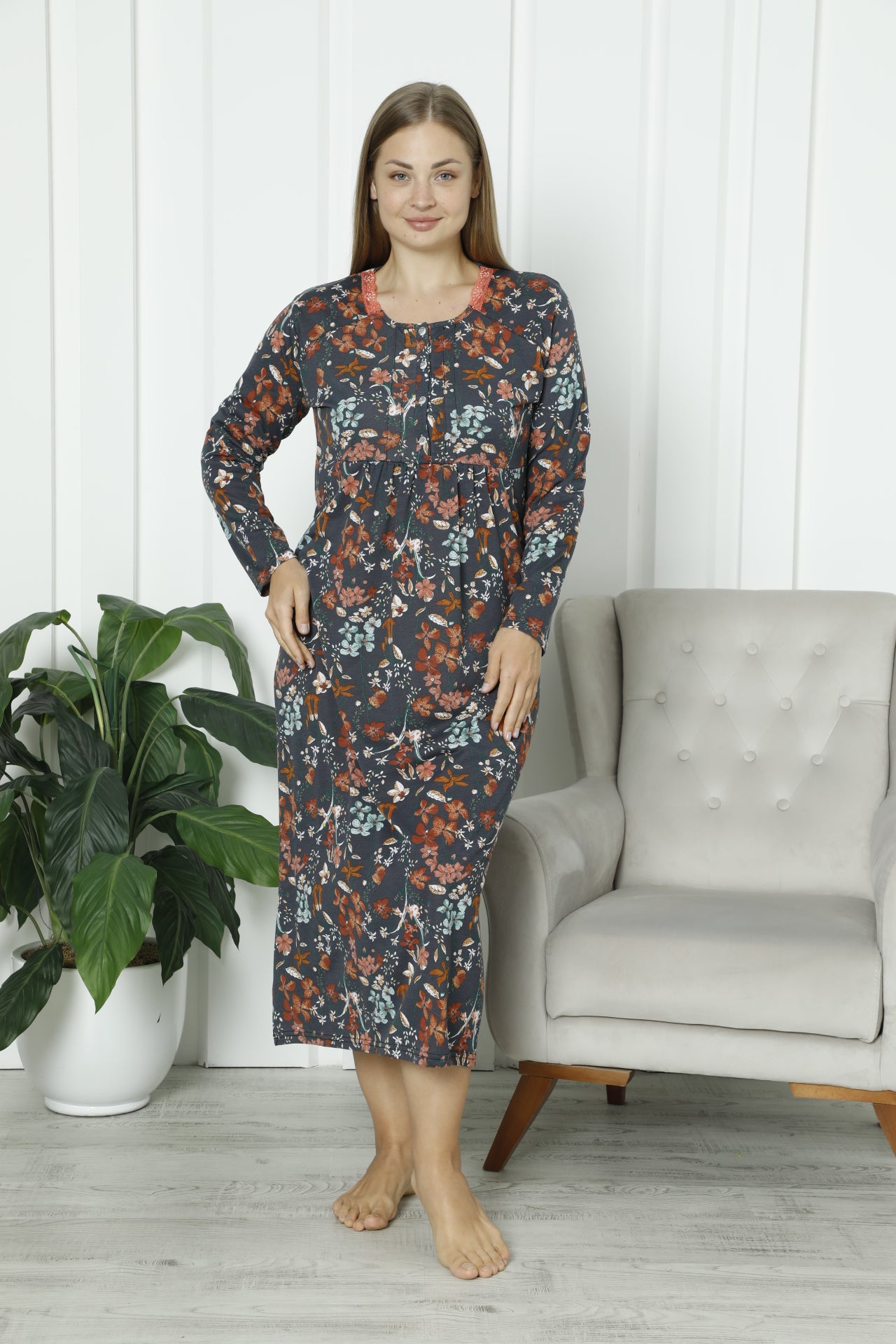 Pamuklu Uzun Kollu Çiçek Desenli Anne Geceliği / Anne Geceliği – Pamuklu ve Uzun Kollu