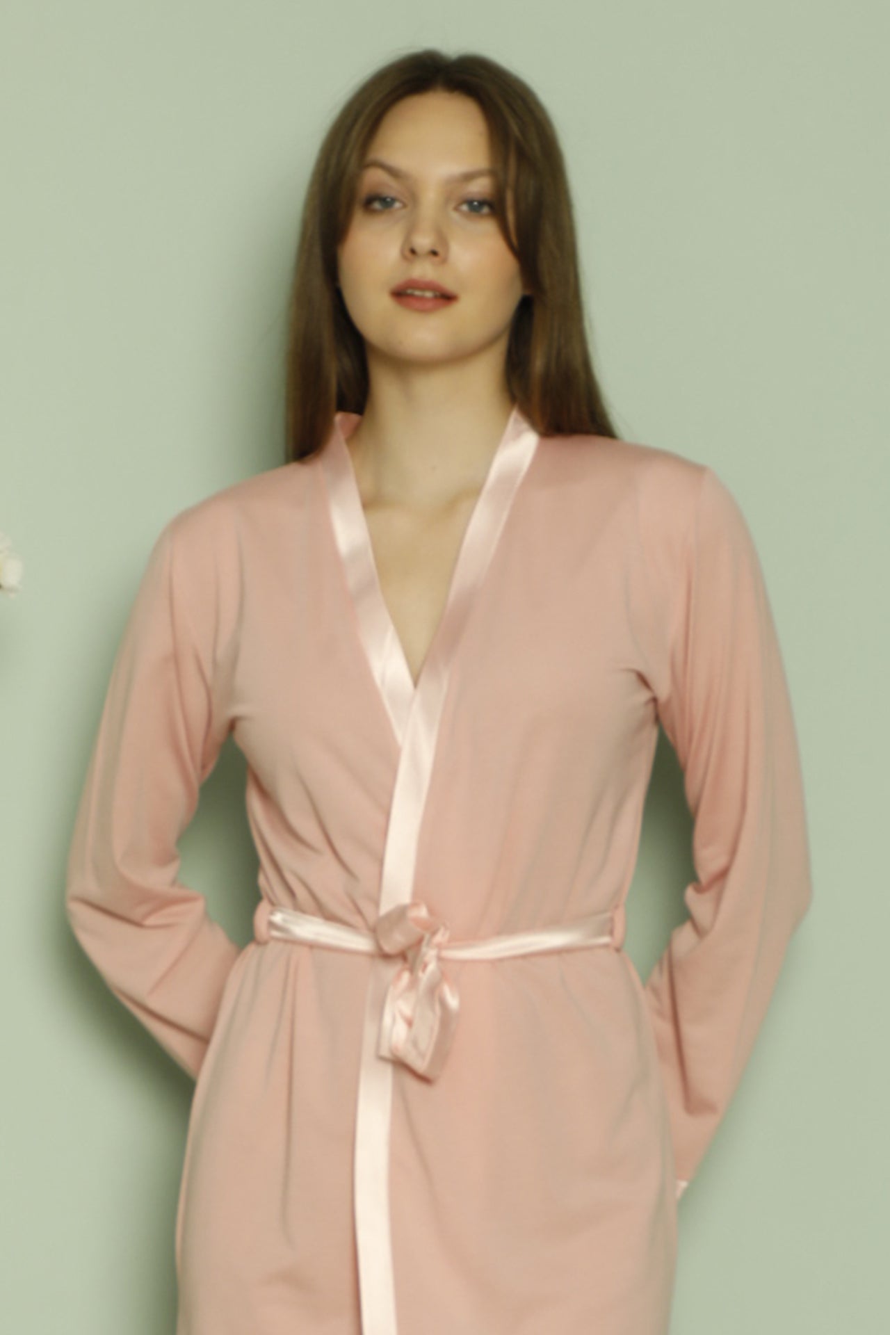 Uzun Kollu Pamuklu Kadın Sabahlığı Saten Detaylı Bağlamalı - 0811