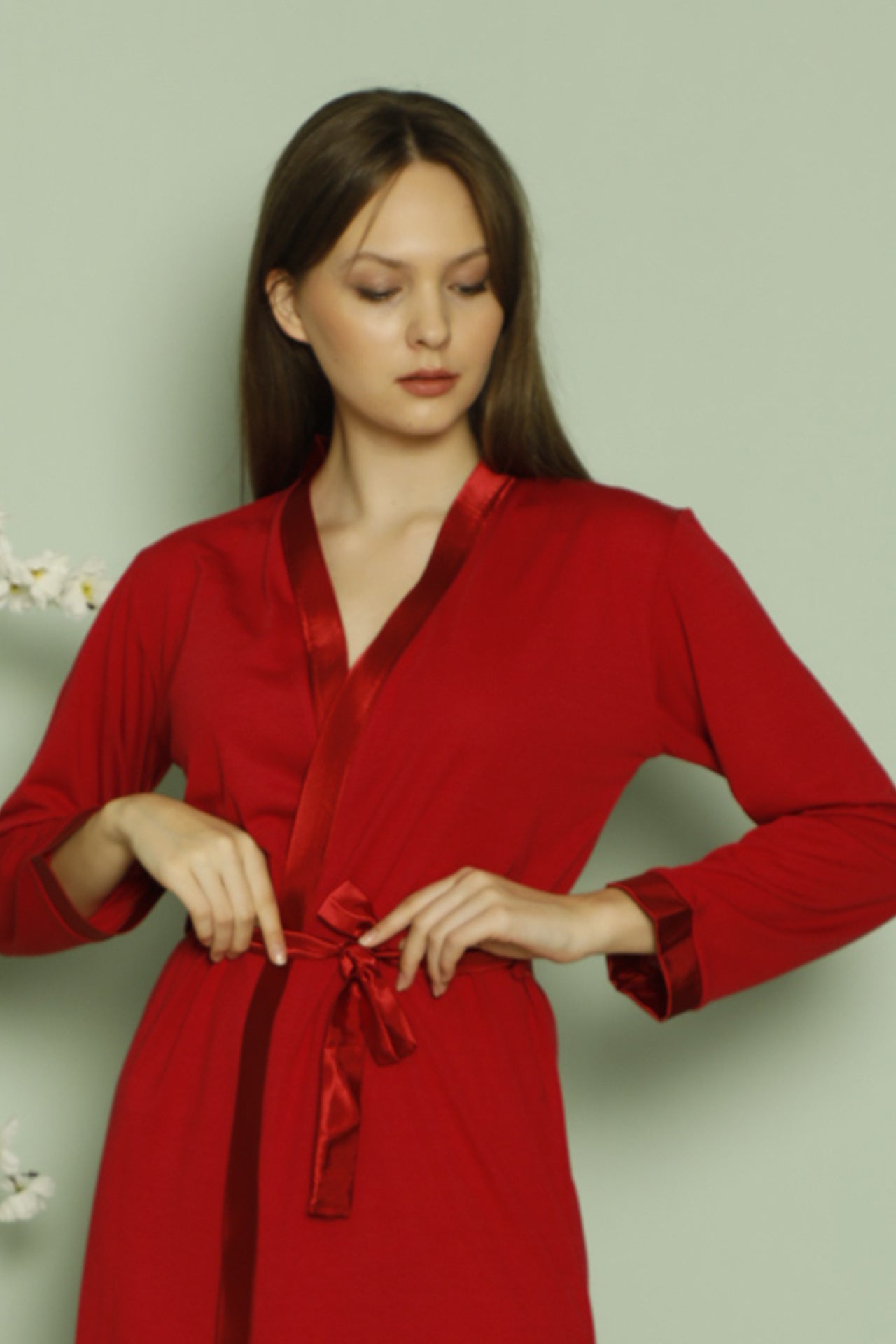 Uzun Kollu Pamuklu Kadın Sabahlığı Saten Detaylı Bağlamalı - 0811