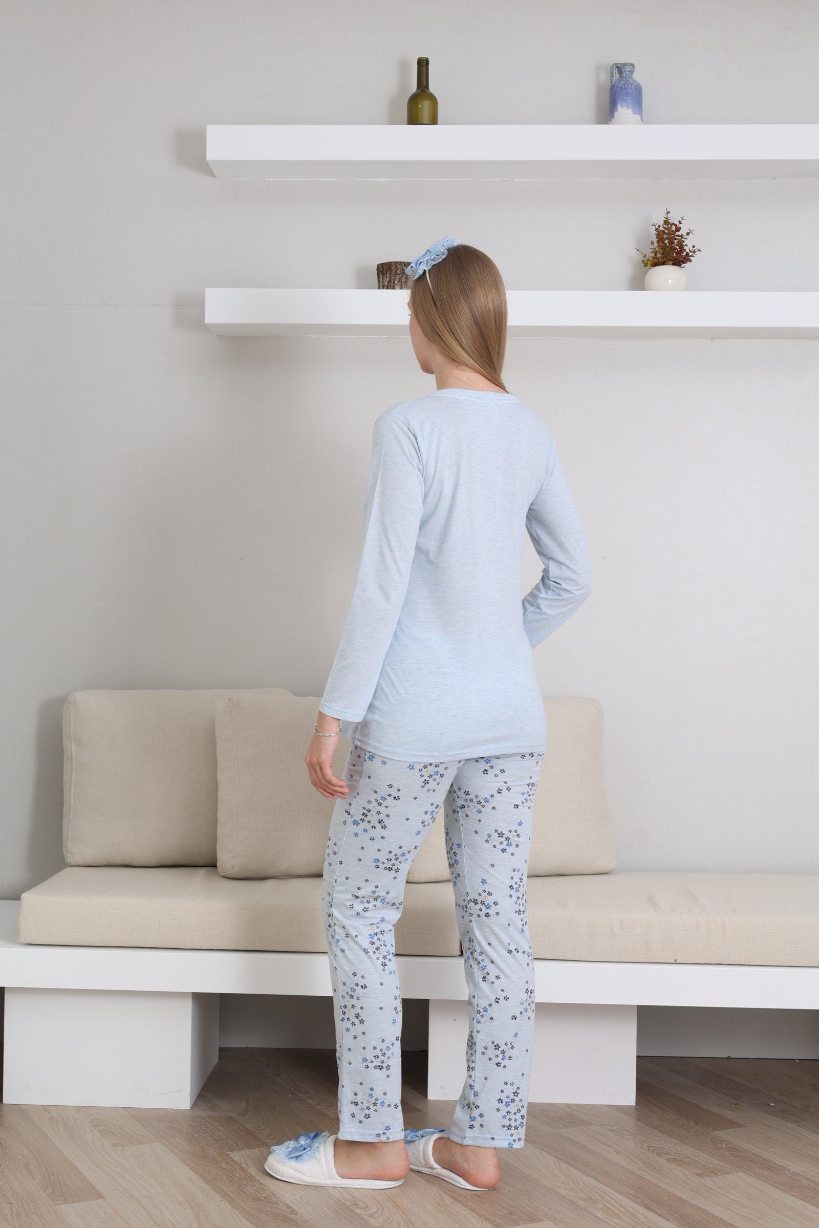 Hamile lohusa pijama takımı önden düğmeli nakış detaylı pamuklu penye 8