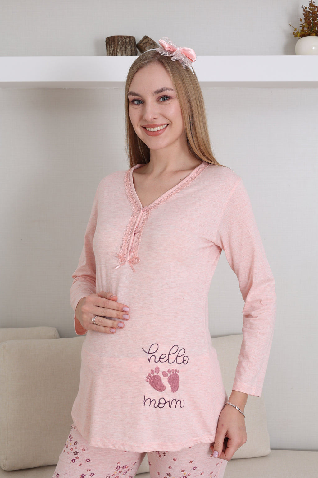 Lohusa/Hamile Pijama Takımı / Düğmeli ve Nakış Detaylı / Pamuklu Penye Kumaş 1172