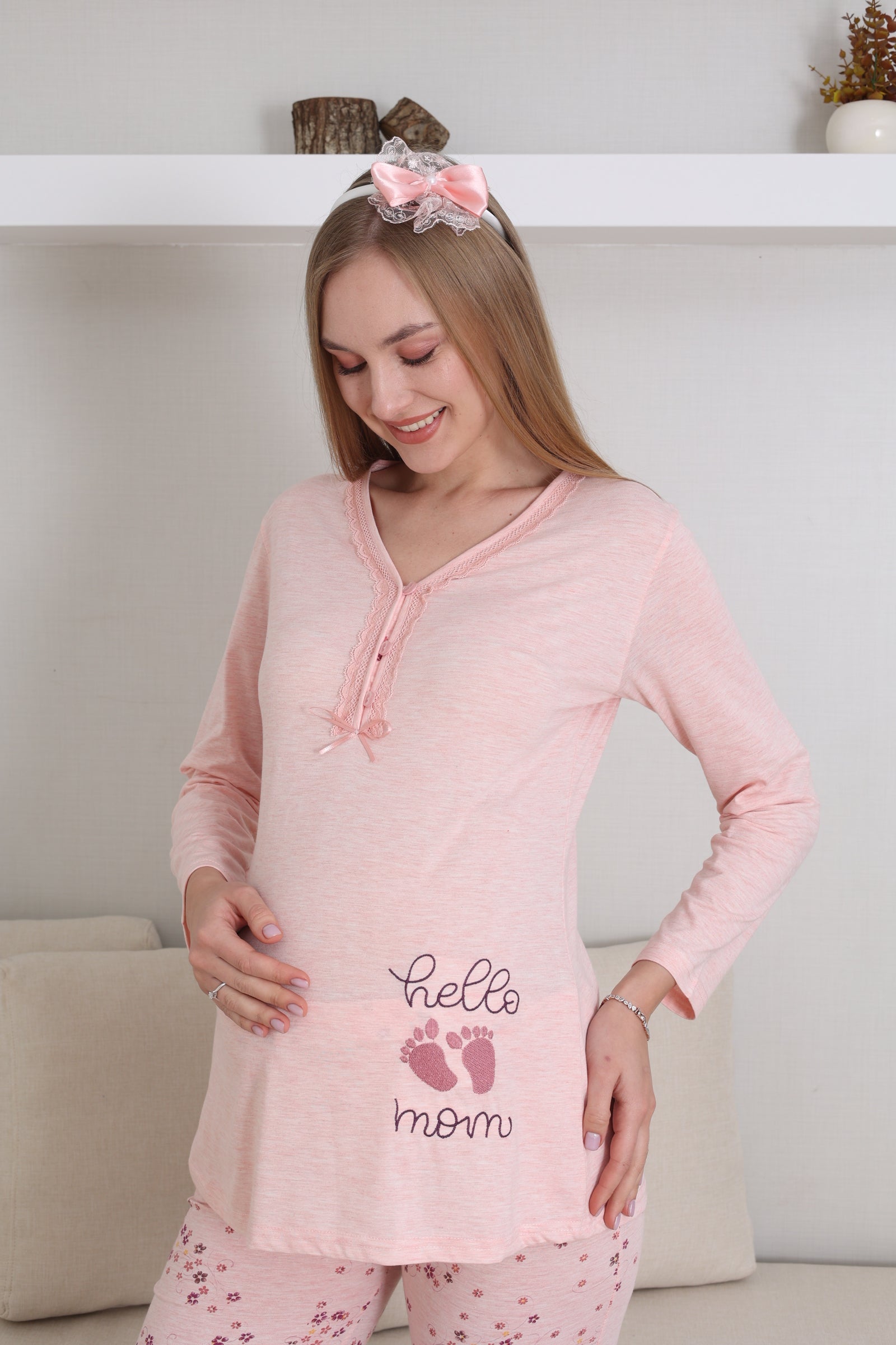 Lohusa/Hamile Pijama Takımı / Düğmeli ve Nakış Detaylı / Pamuklu Penye Kumaş 1172