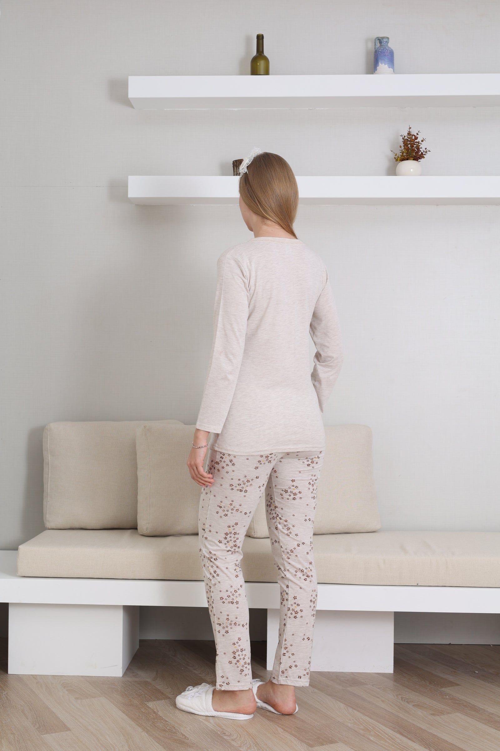 Hamile lohusa pijama takımı önden düğmeli nakış detaylı pamuklu penye 12