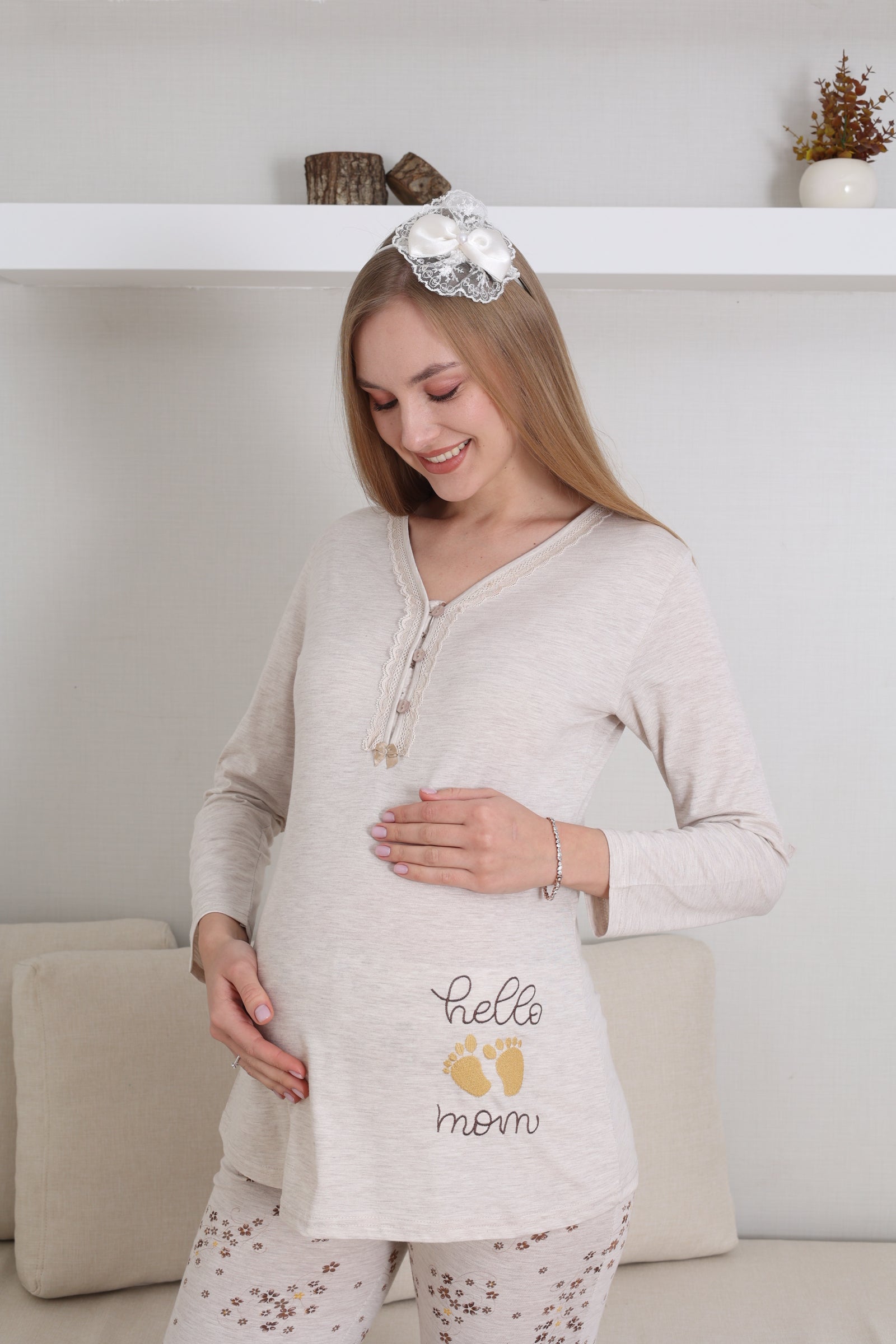 Hamile lohusa pijama takımı önden düğmeli nakış detaylı pamuklu penye 14