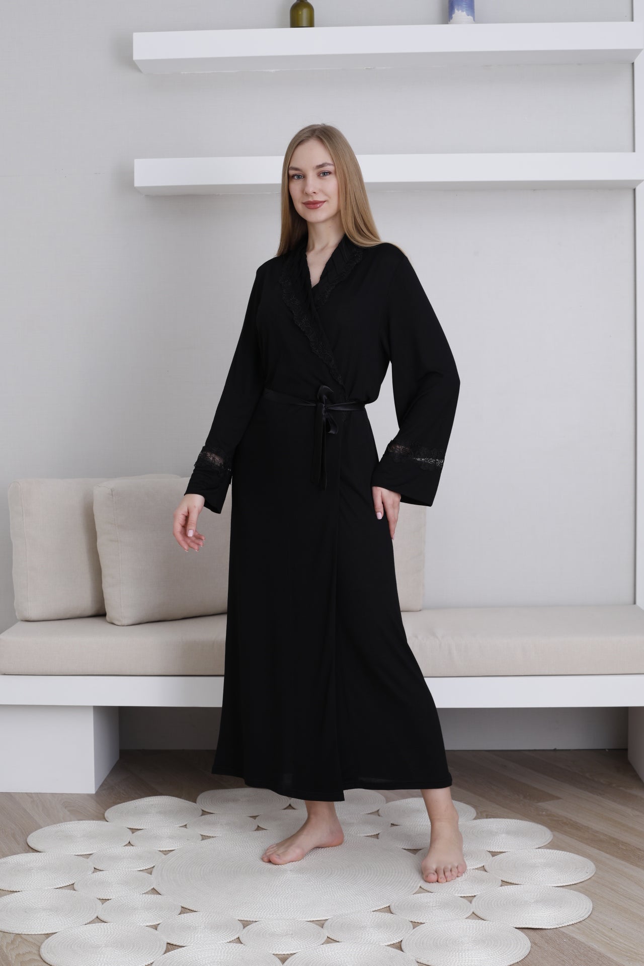 Dantel Detaylı Kadın Sabahlık / Şal Yaka Bağlamalı Bel / Pamuklu Esnek Kumaş 0820