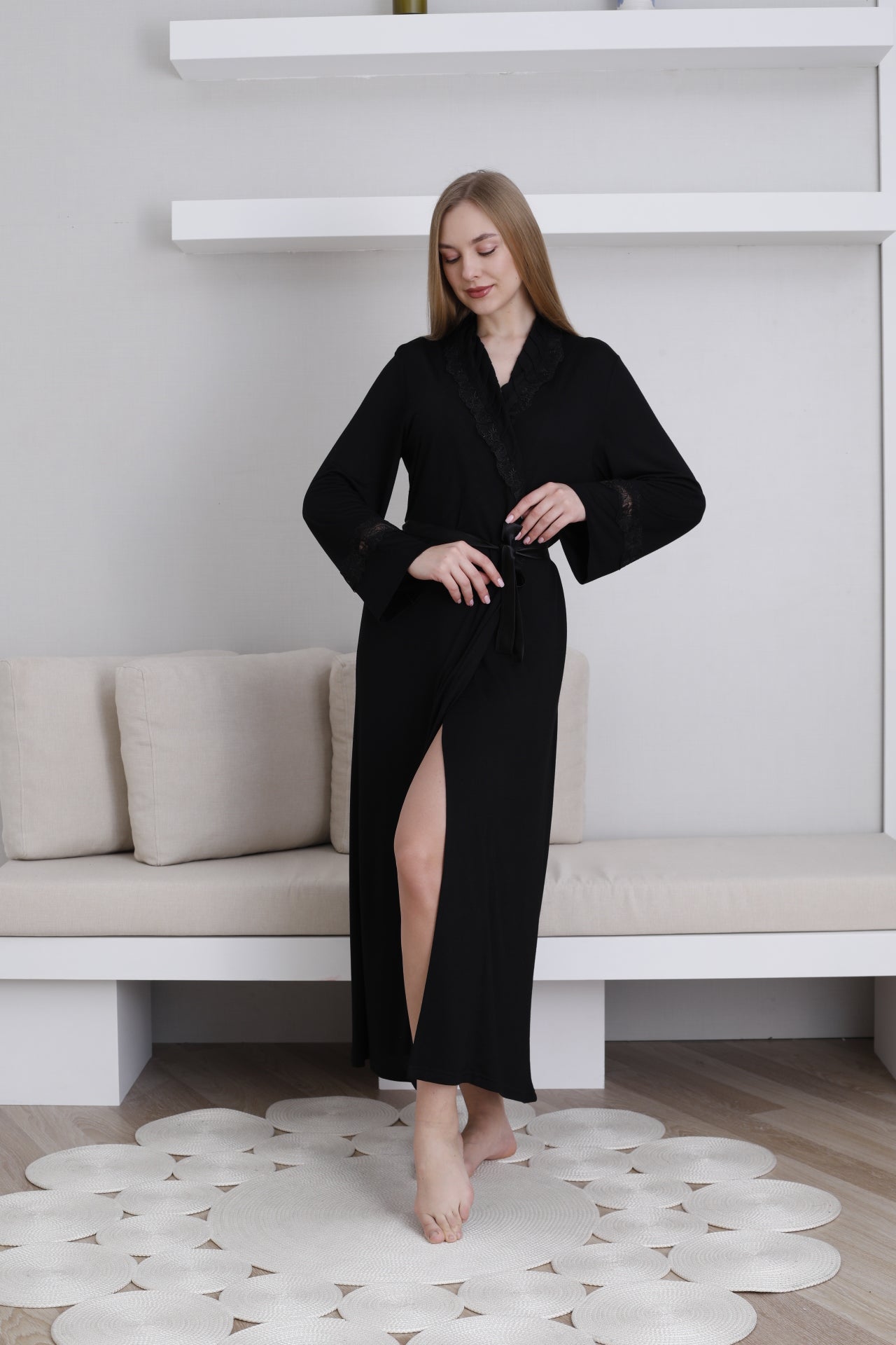 Dantel Detaylı Kadın Sabahlık / Şal Yaka Bağlamalı Bel / Pamuklu Esnek Kumaş 0820