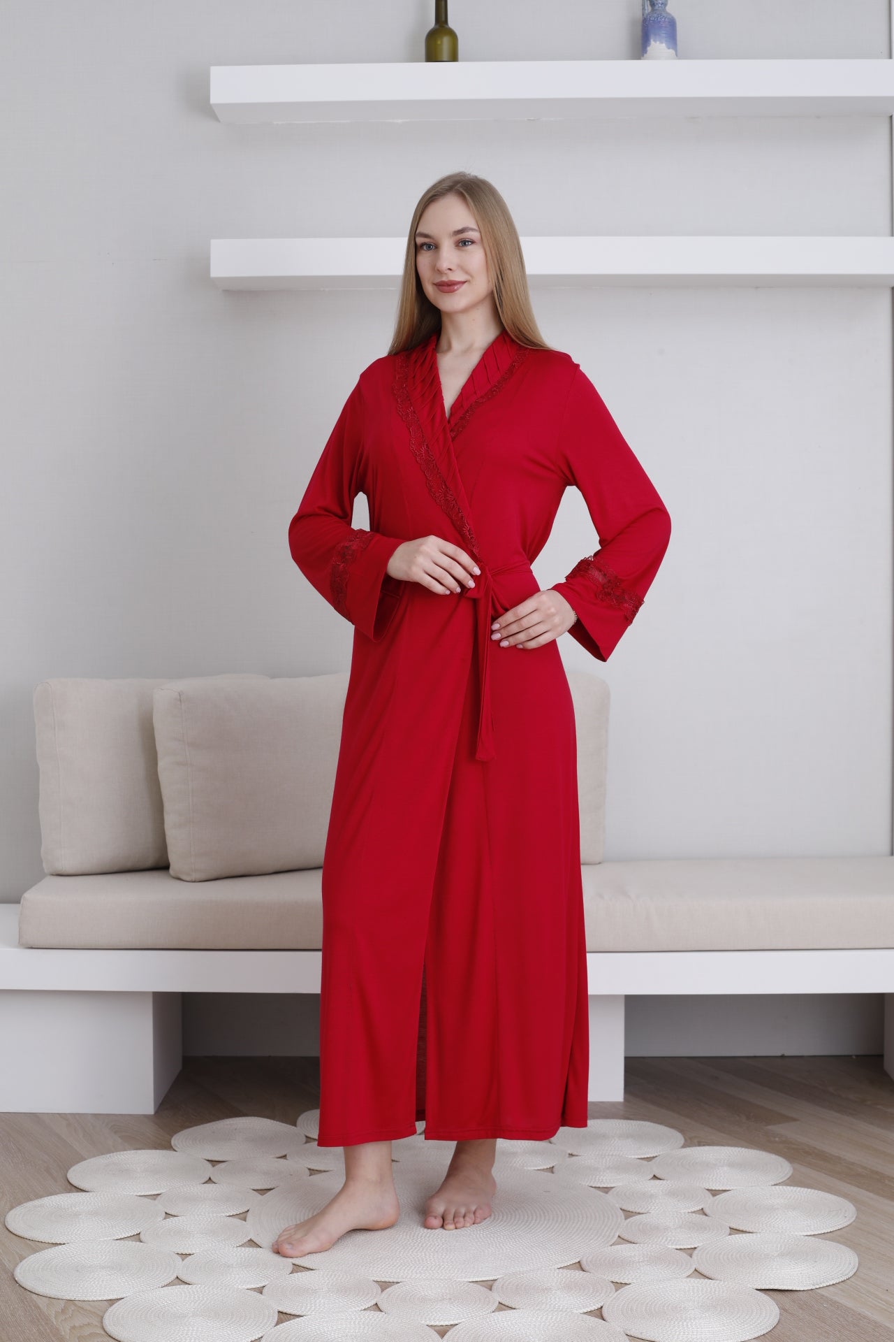 Dantel Detaylı Kadın Sabahlık / Şal Yaka Bağlamalı Bel / Pamuklu Esnek Kumaş 0820