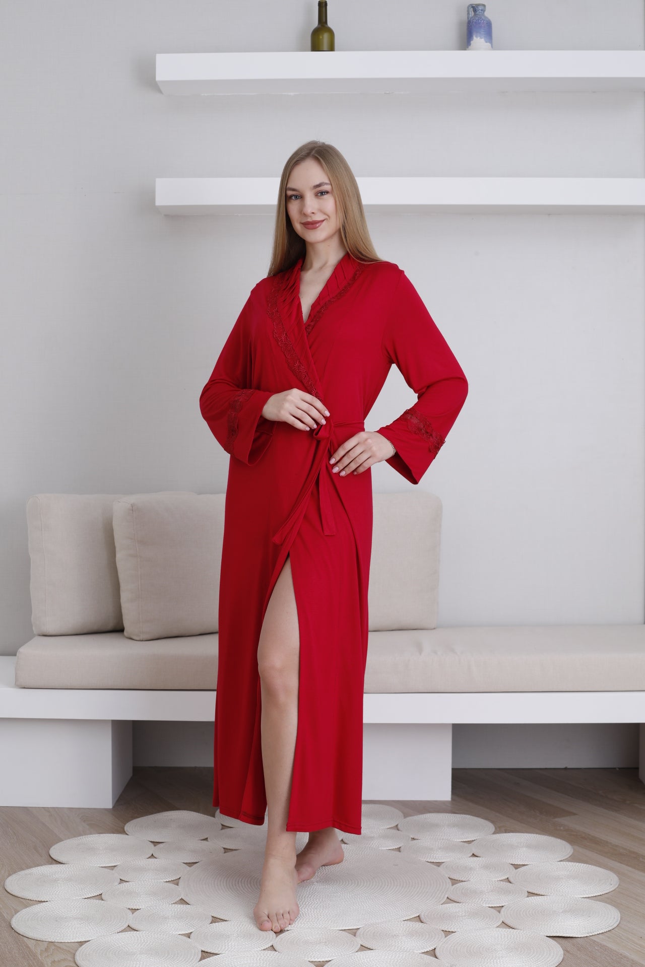 Dantel Detaylı Kadın Sabahlık / Şal Yaka Bağlamalı Bel / Pamuklu Esnek Kumaş 0820