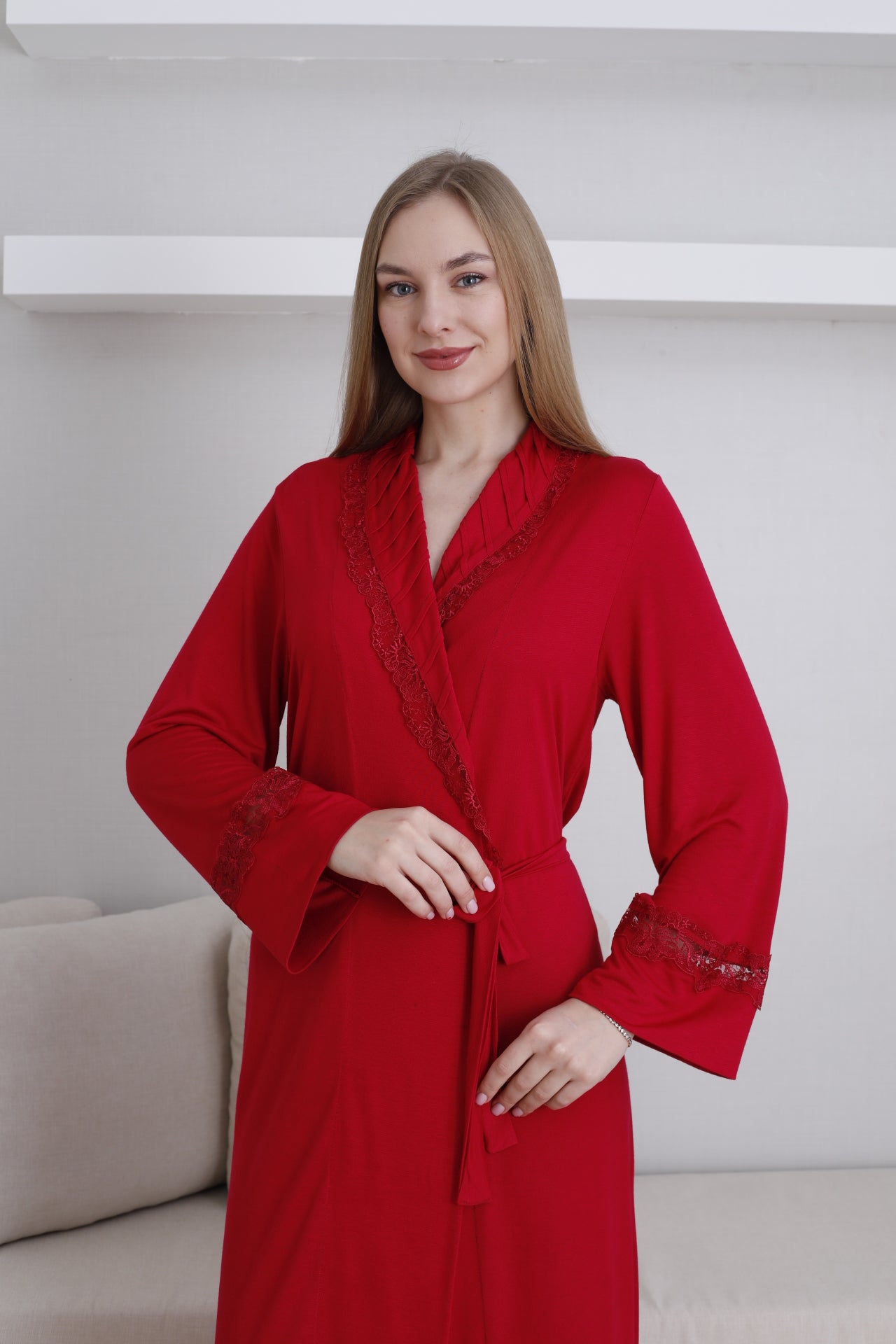 Dantel Detaylı Kadın Sabahlık / Şal Yaka Bağlamalı Bel / Pamuklu Esnek Kumaş 0820