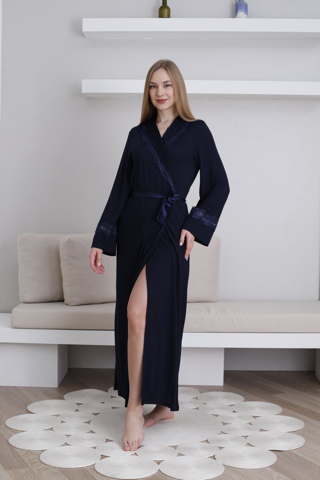 Dantel Detaylı Kadın Sabahlık / Şal Yaka Bağlamalı Bel / Pamuklu Esnek Kumaş 0820