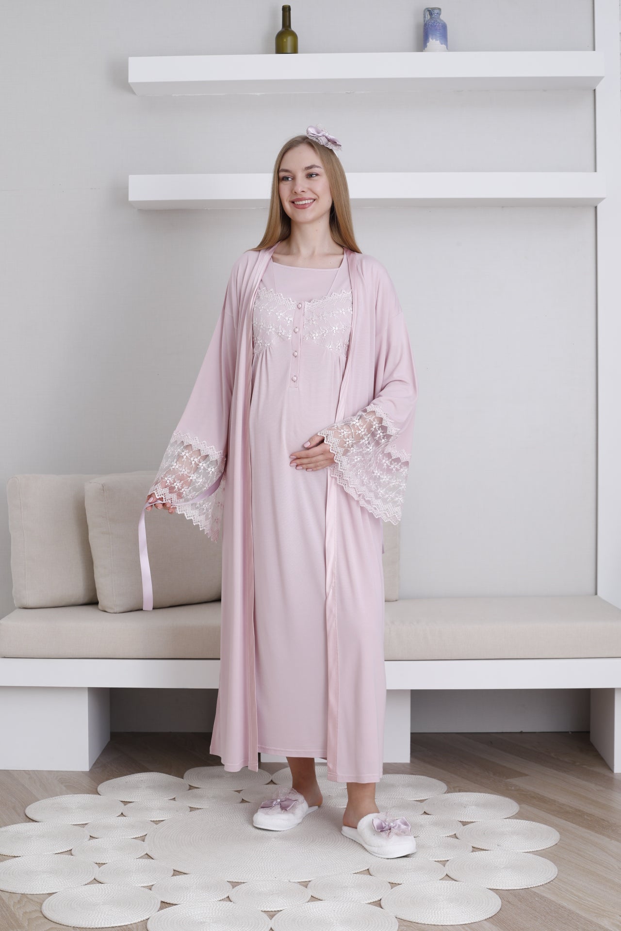 Hamile Gecelik Dantel Detaylı Emzirme / Tesettür Giyim / Düğmeli 2'li Takım - 2295