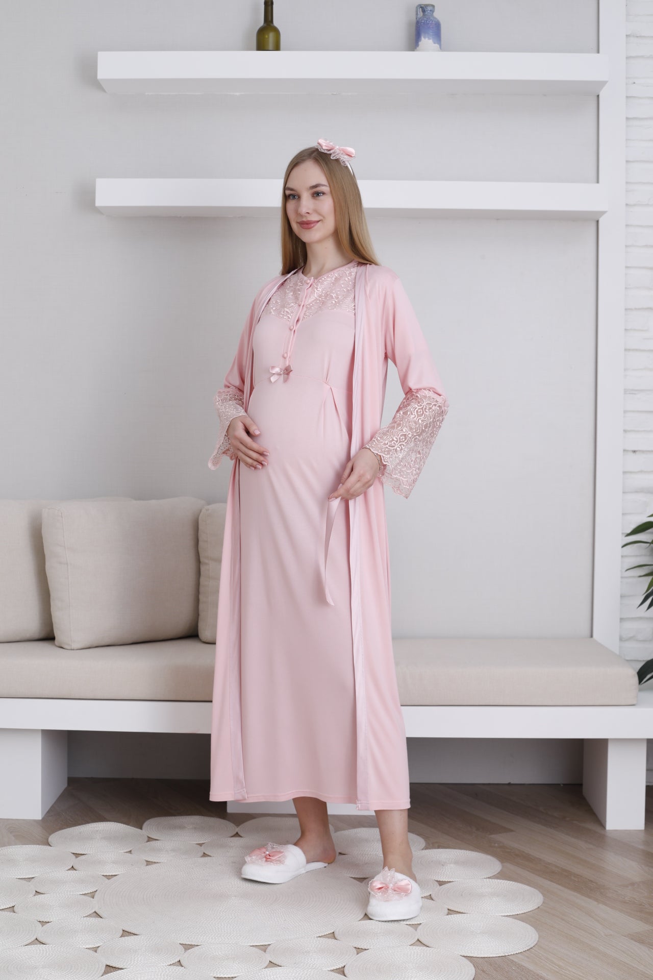 Hamile Gecelik Sabahlık Takım Dantel Detaylı Düğmeli Emzirmeli Lohusa Takım 2'li - 2296