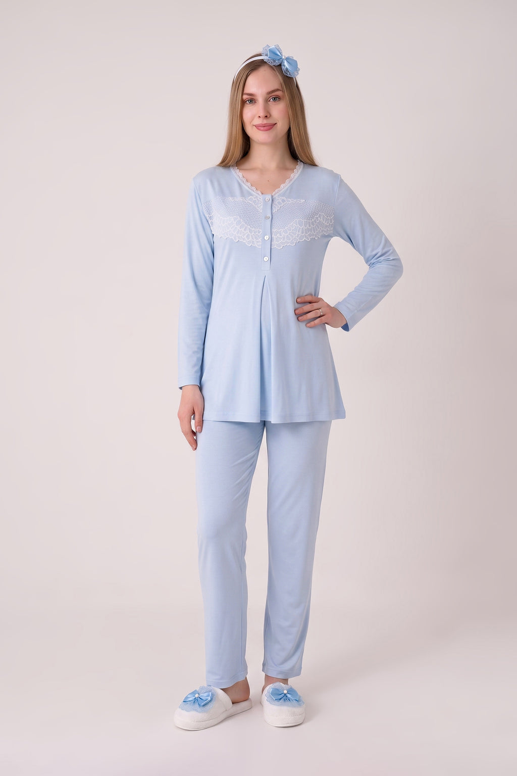 Dantel Göğüslü V Yaka 3'lü Hamile Lohusa Pijama Sabahlık Seti - Mavi