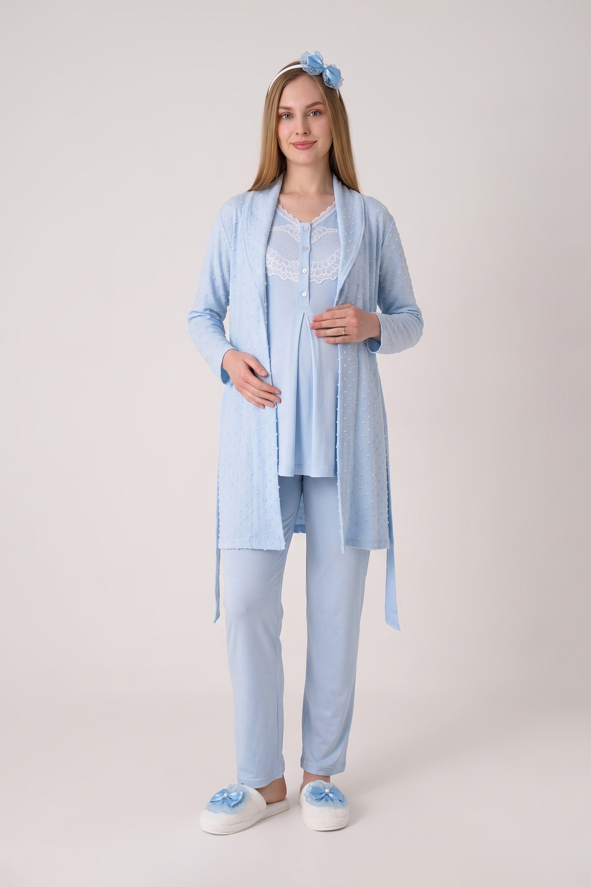 Dantel Göğüslü V Yaka 3'lü Hamile Lohusa Pijama Sabahlık Seti - Mavi 1