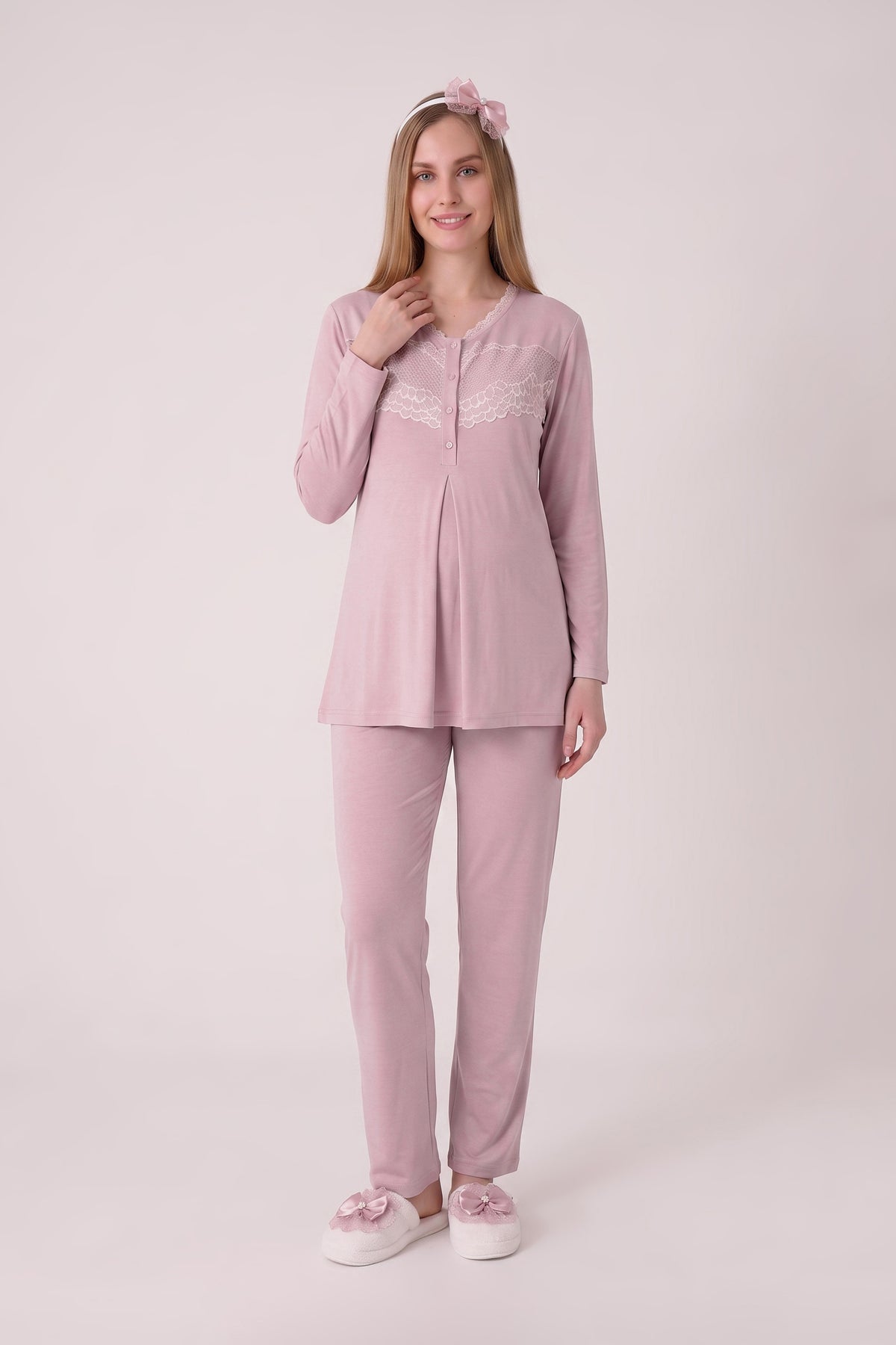 Dantel Göğüslü V Yaka 3'lü Hamile Lohusa Pijama Sabahlık Seti - Mavi 8