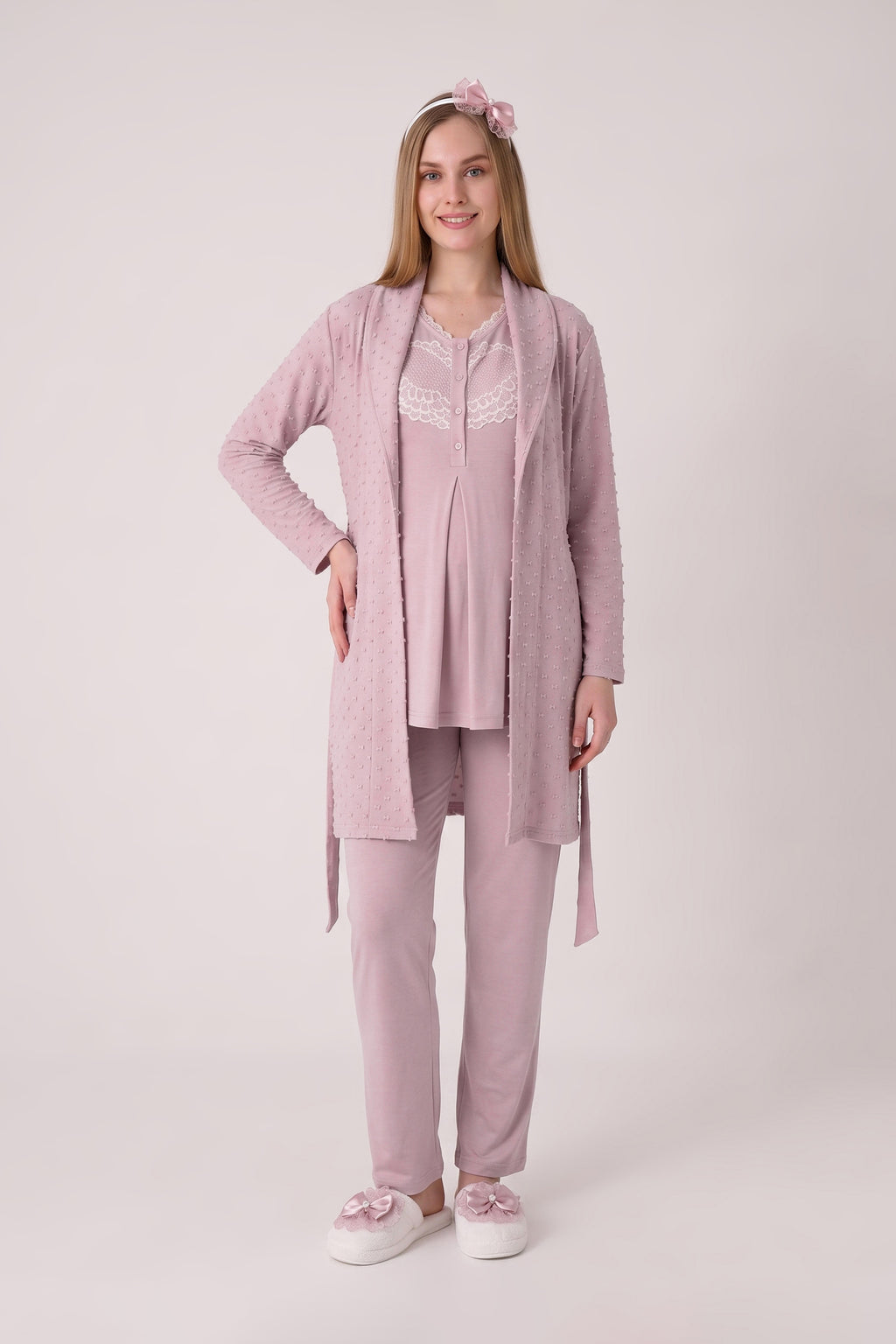 Dantel Göğüslü V Yaka 3'lü Hamile Lohusa Pijama Sabahlık Seti - Pudra