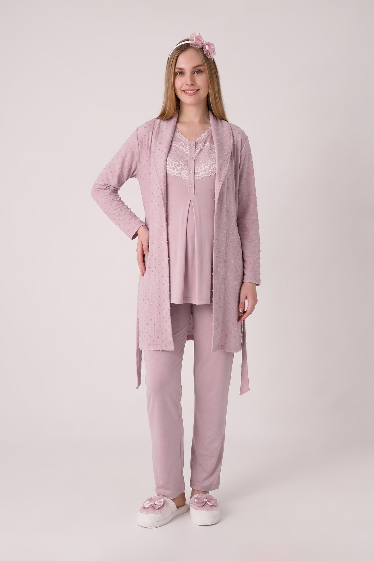 Dantel Göğüslü V Yaka 3'lü Hamile Lohusa Pijama Sabahlık Seti - Mavi 7