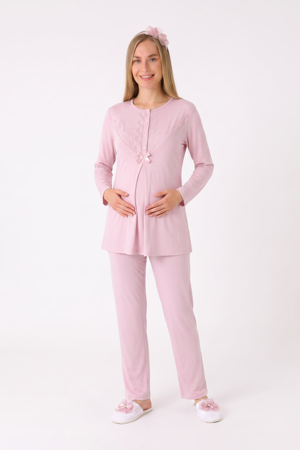 Kadife Sabahlıklı Fiyonklu 3'lü Hamile Lohusa Pijama Seti - Pudra
