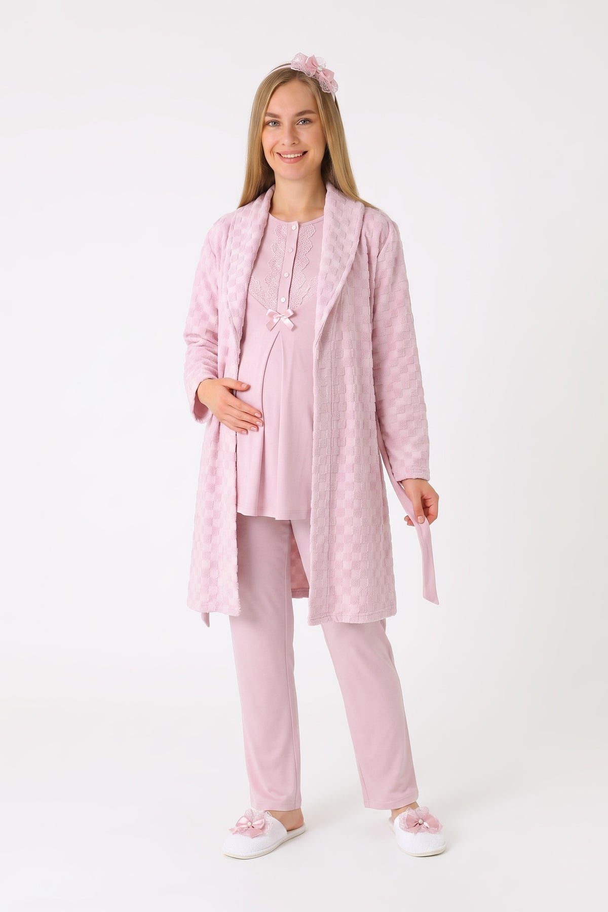 Kadife Sabahlıklı Fiyonklu 3'lü Hamile Lohusa Pijama Seti - Mavi 7