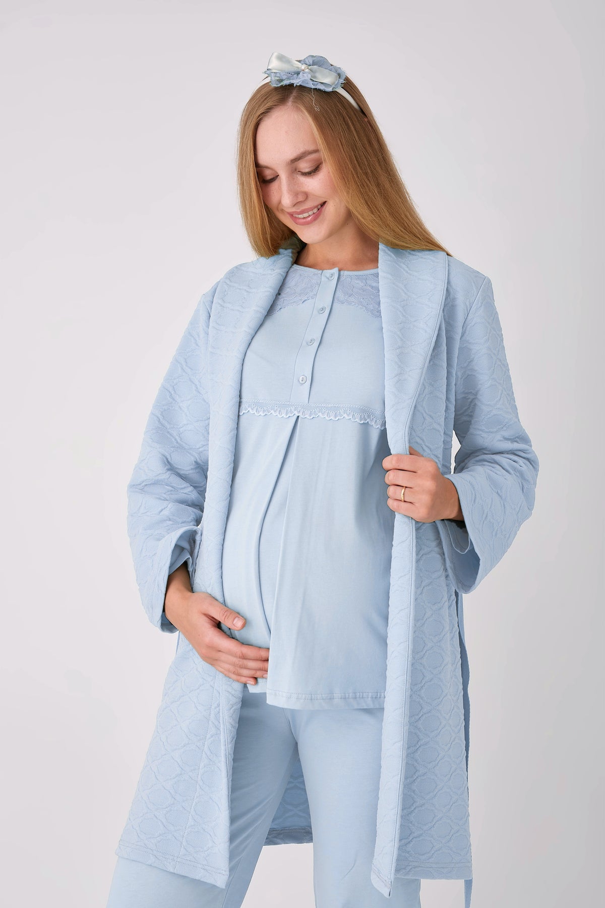 Dantel Robalı Kapitone Sabahlıklı 3'lü Hamile Lohusa Pijama Seti - Ekru 7
