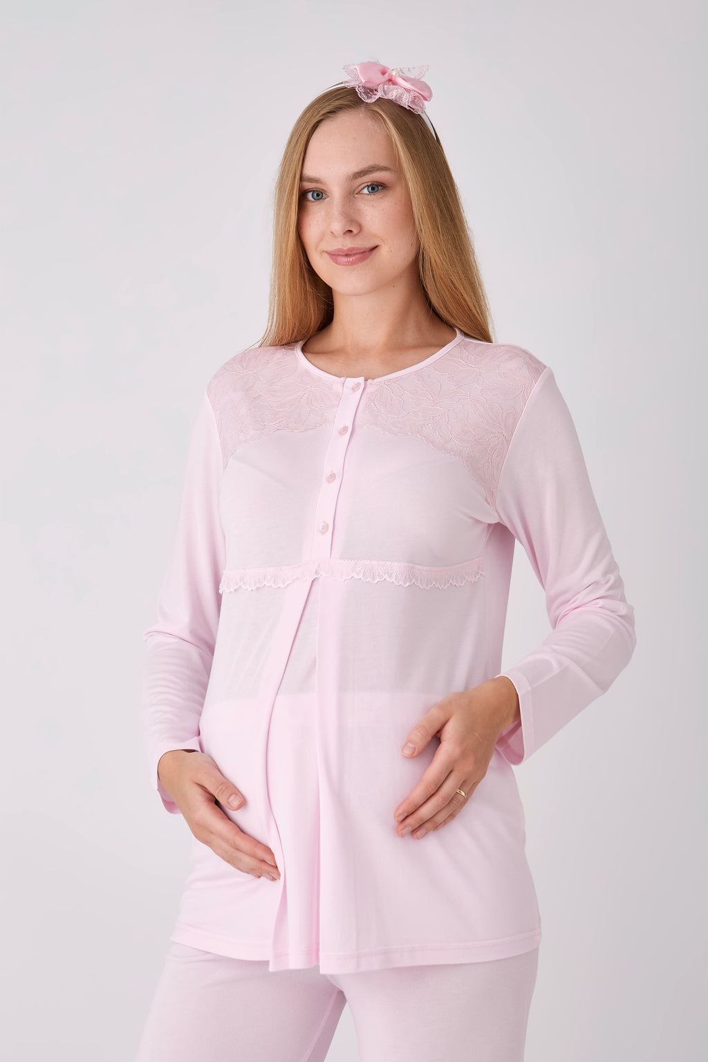 Dantel Robalı Kapitone Sabahlıklı 3'lü Hamile Lohusa Pijama Seti - Pembe