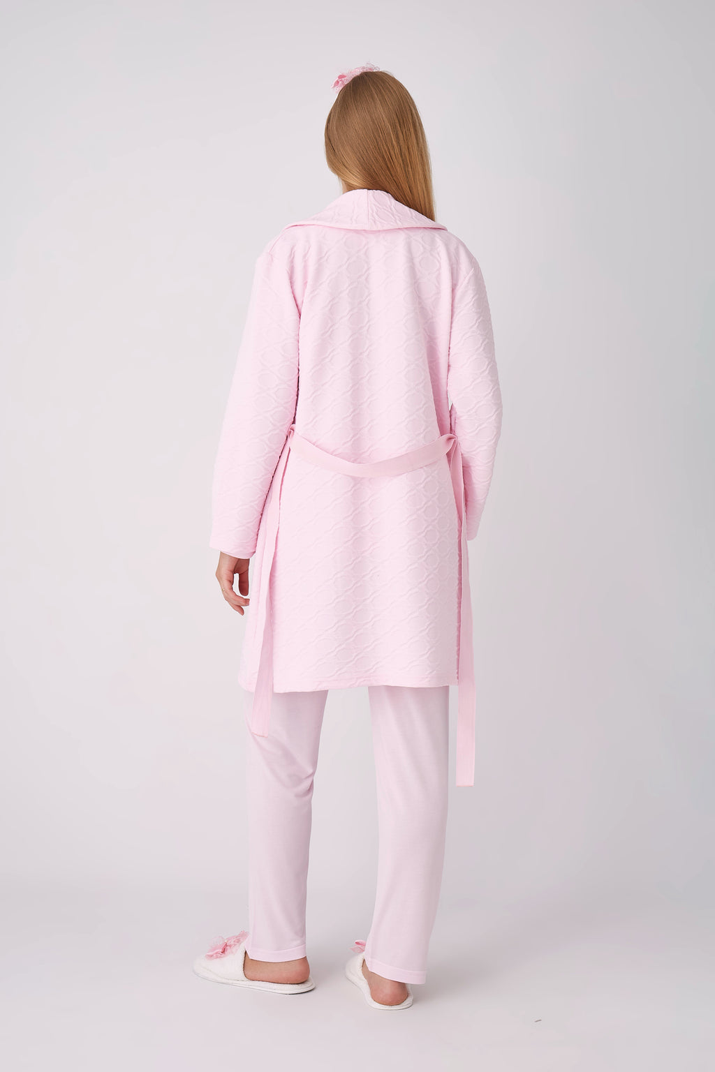 Dantel Robalı Kapitone Sabahlıklı 3'lü Hamile Lohusa Pijama Seti - Pembe