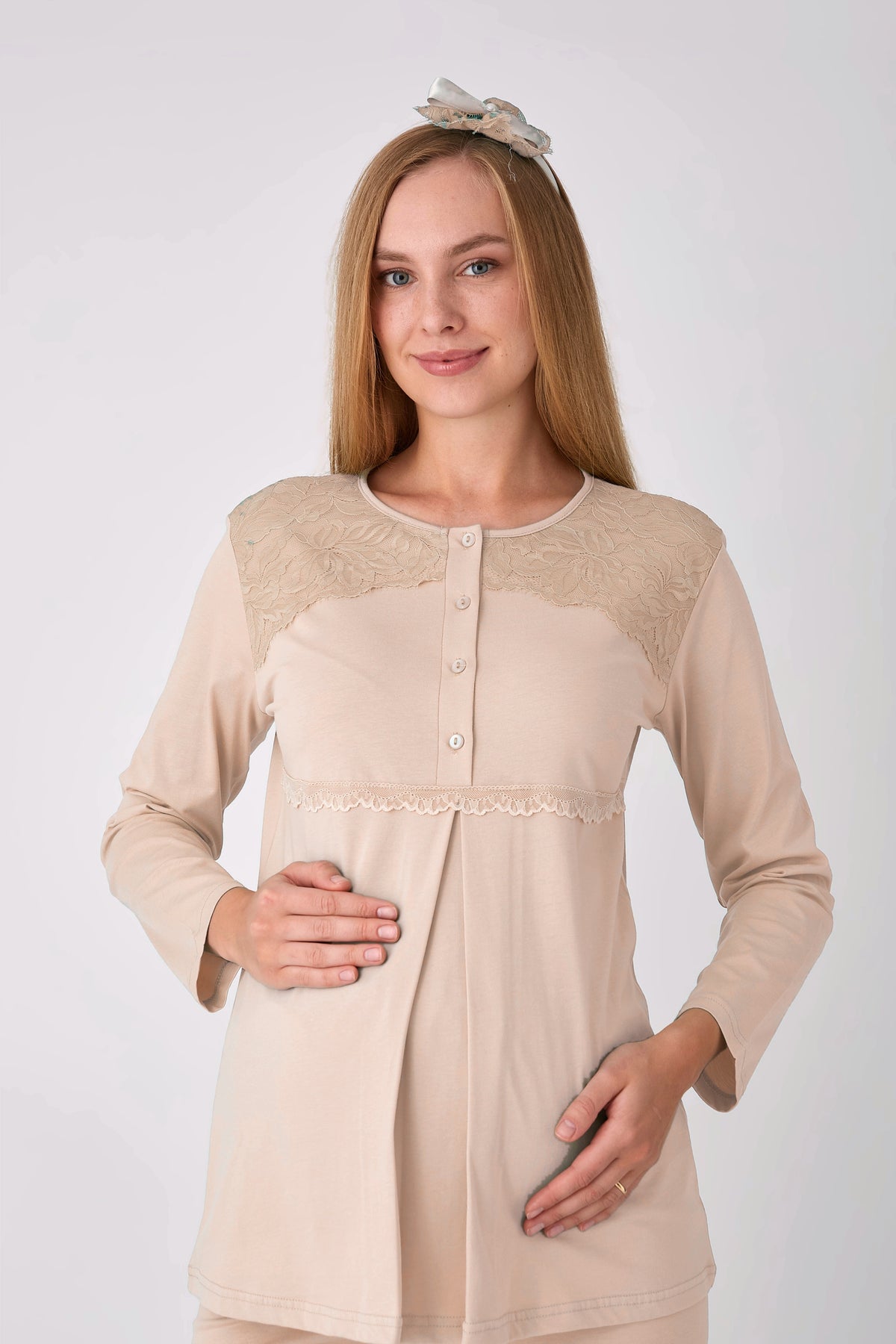 Dantel Robalı Kapitone Sabahlıklı 3'lü Hamile Lohusa Pijama Seti - Ekru 29