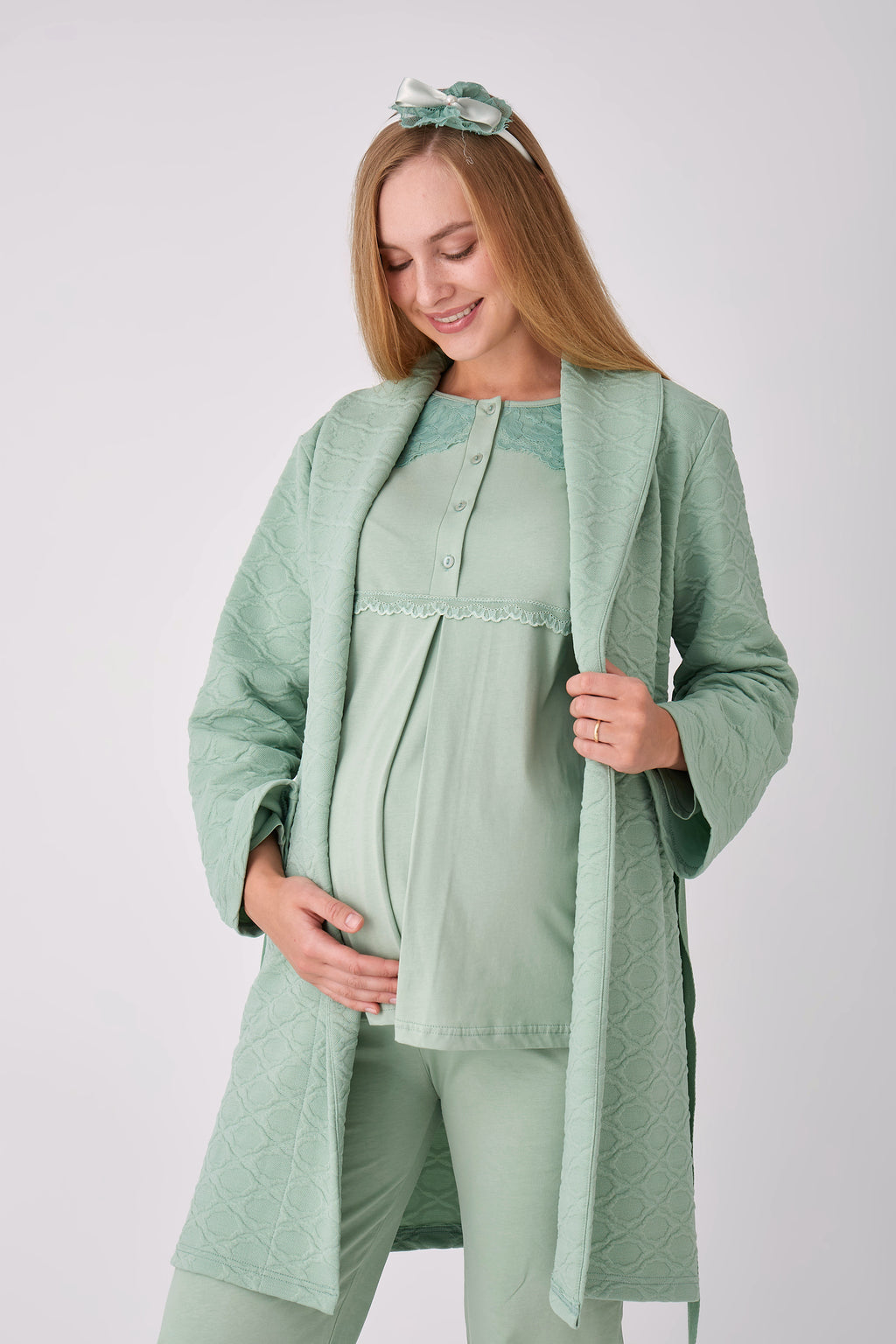 Dantel Robalı Kapitone Sabahlıklı 3'lü Hamile Lohusa Pijama Seti - Yeşil